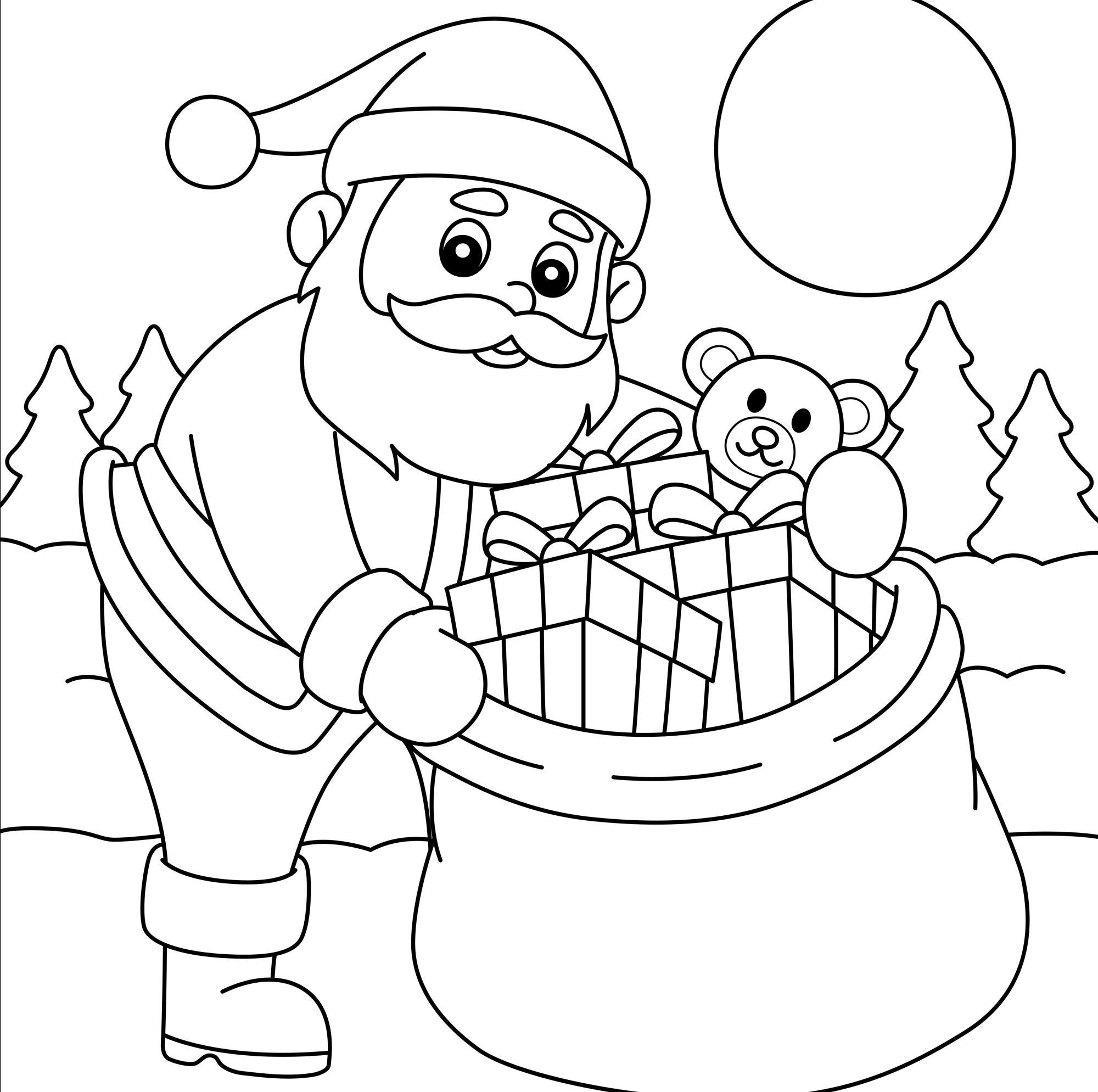 Раскраска для детей: дед мороз в лесу с мешком подарков