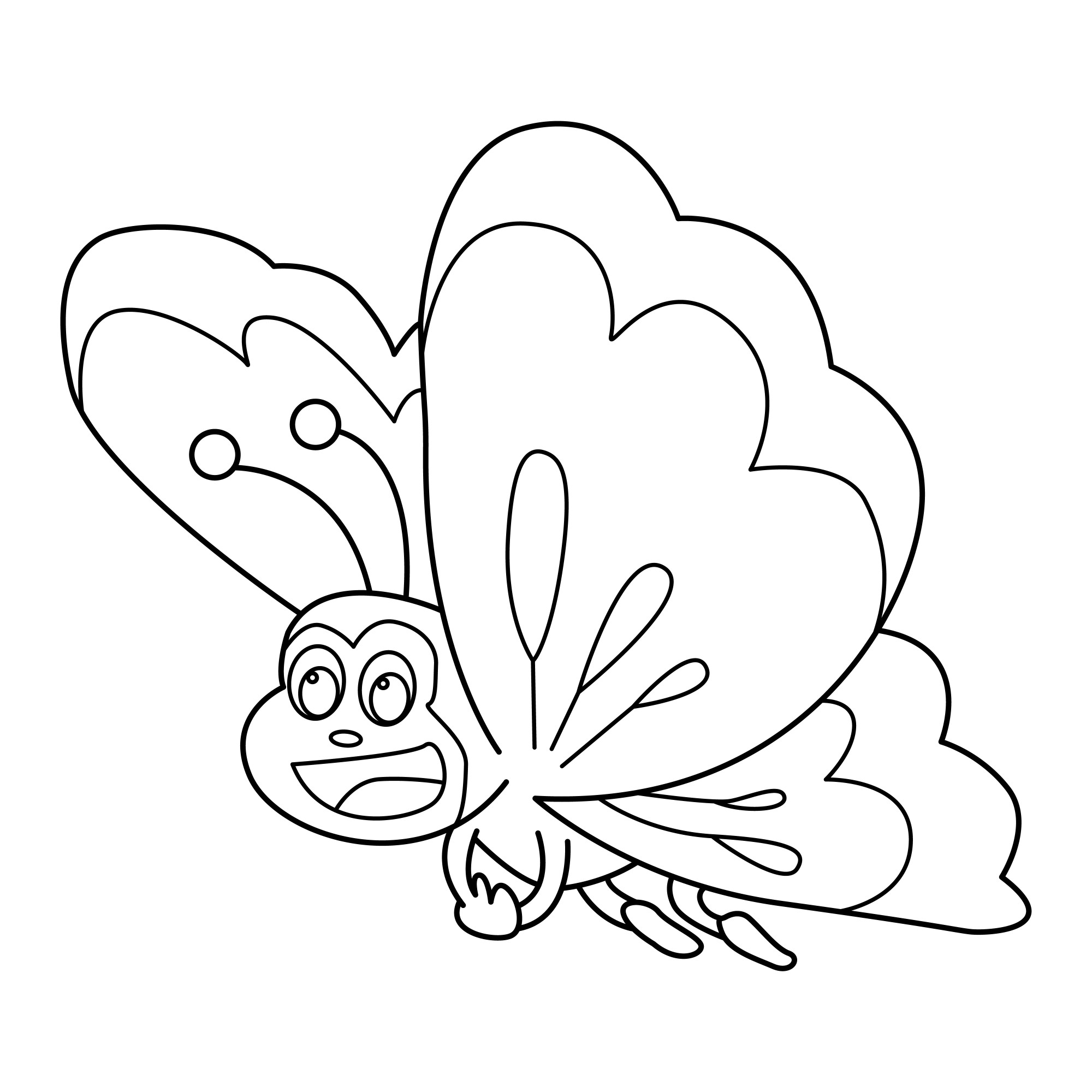 Раскраска для детей: бабочка с улыбкой на мордочке
