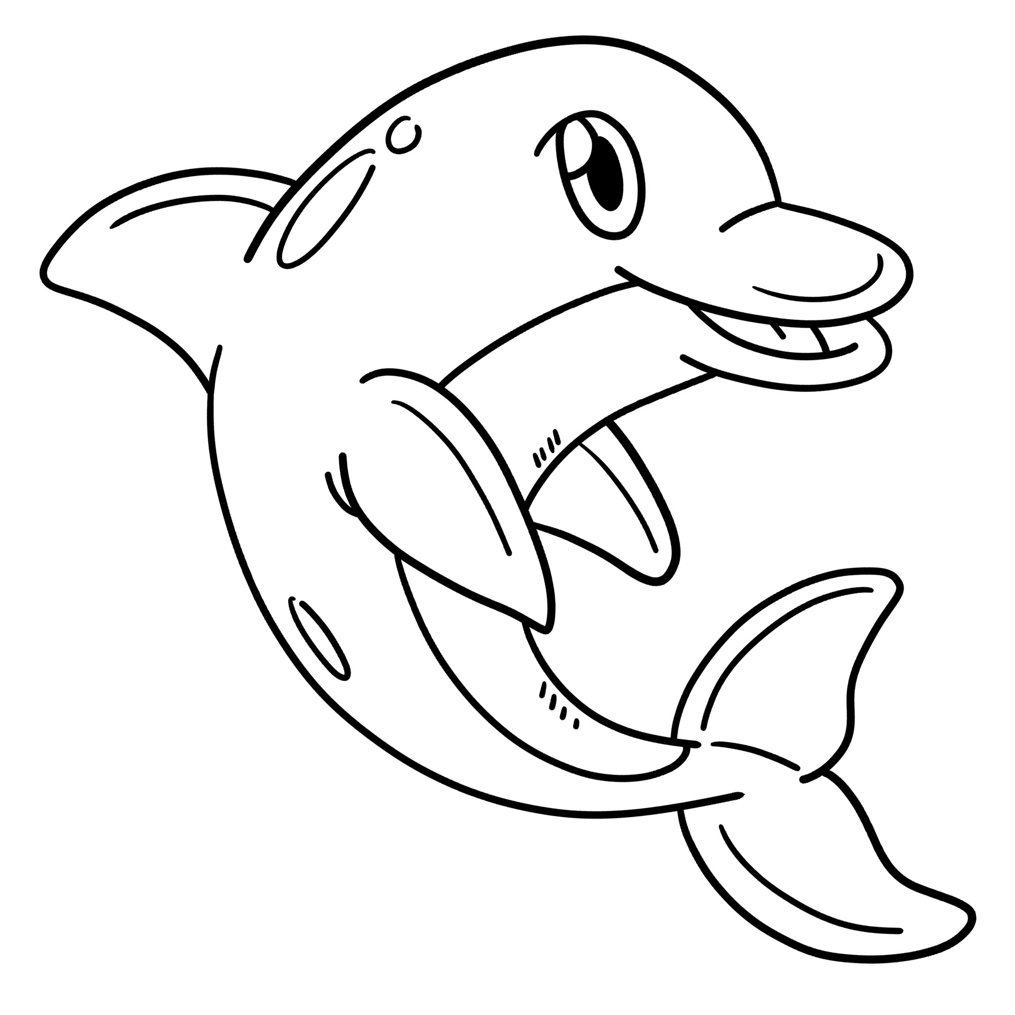 Раскраска для детей: дельфин с улыбкой и красивым хвостом