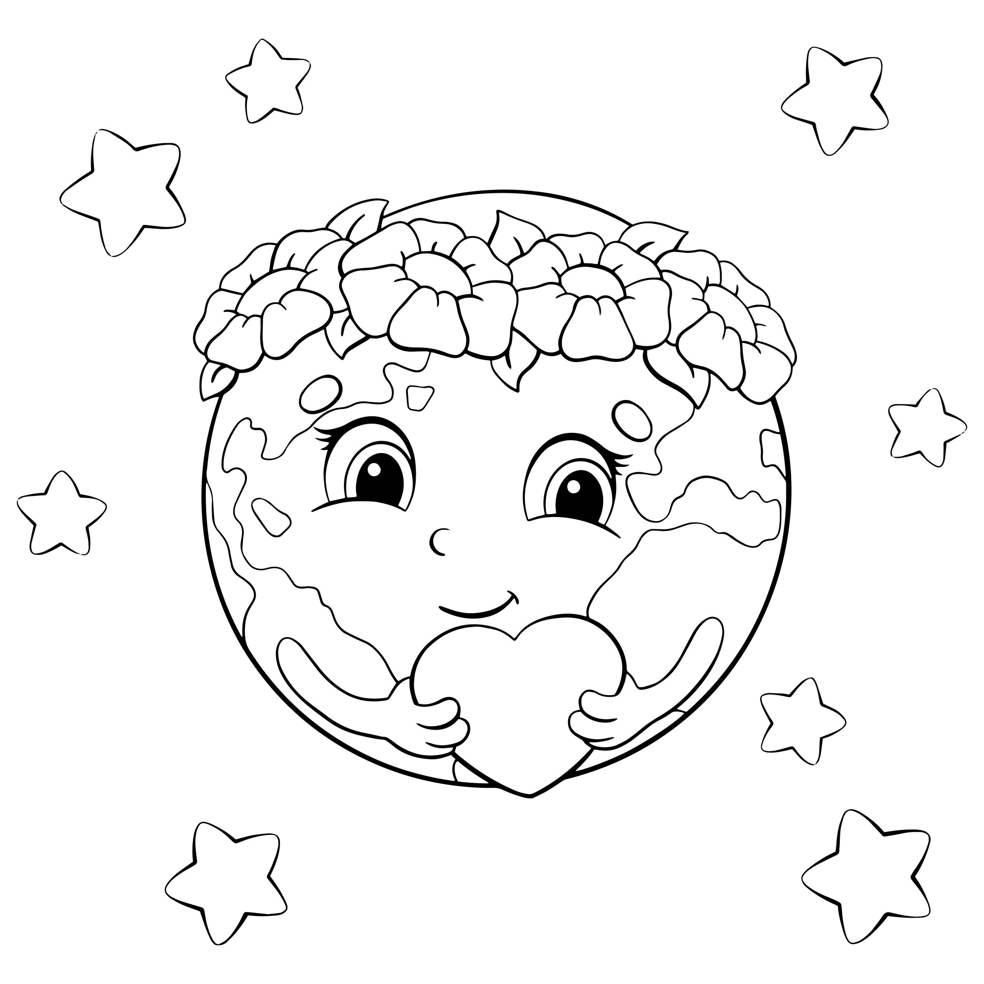 Раскраска для детей: смайлик планета с сердечком