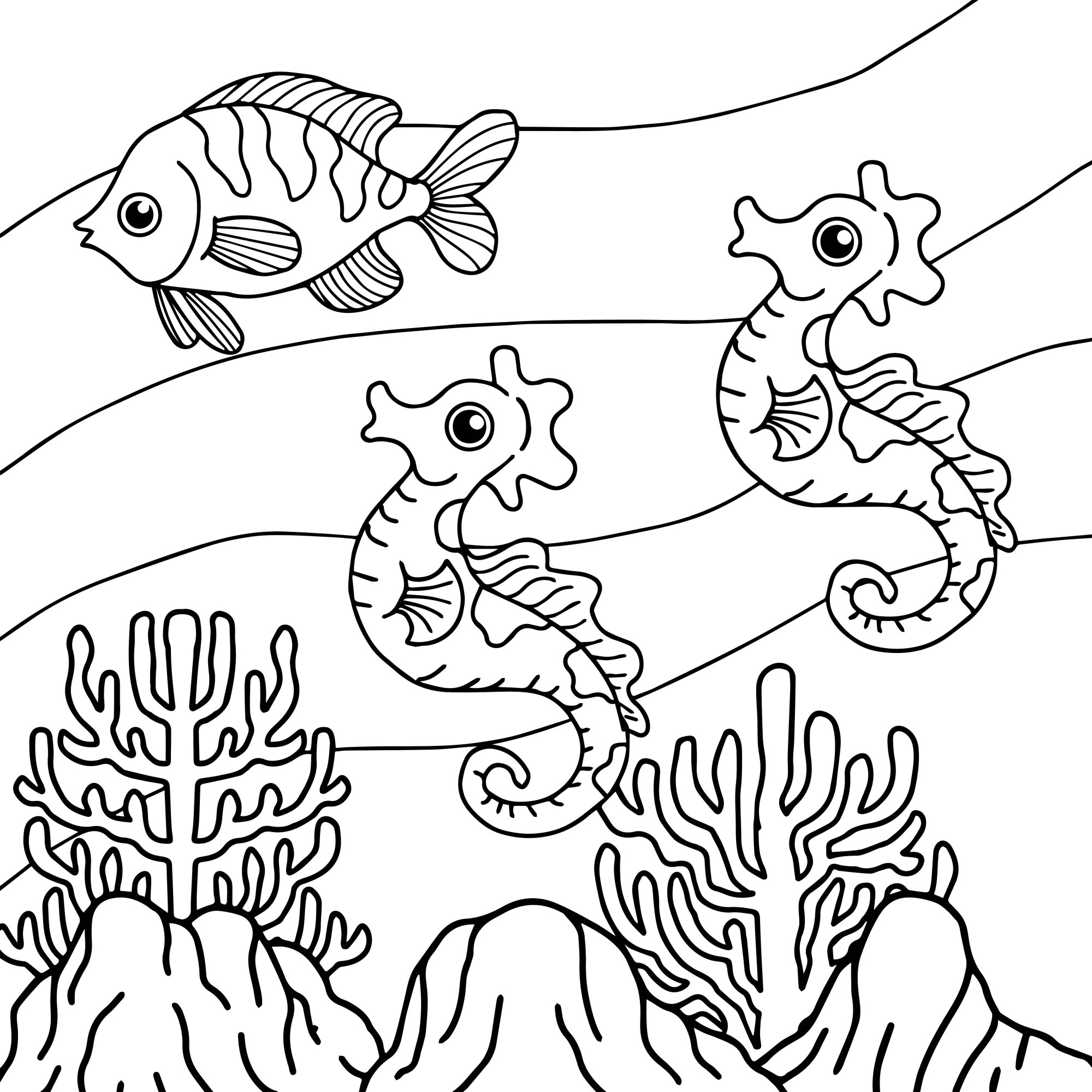 Раскраска для детей: рыбка с морскими коньками