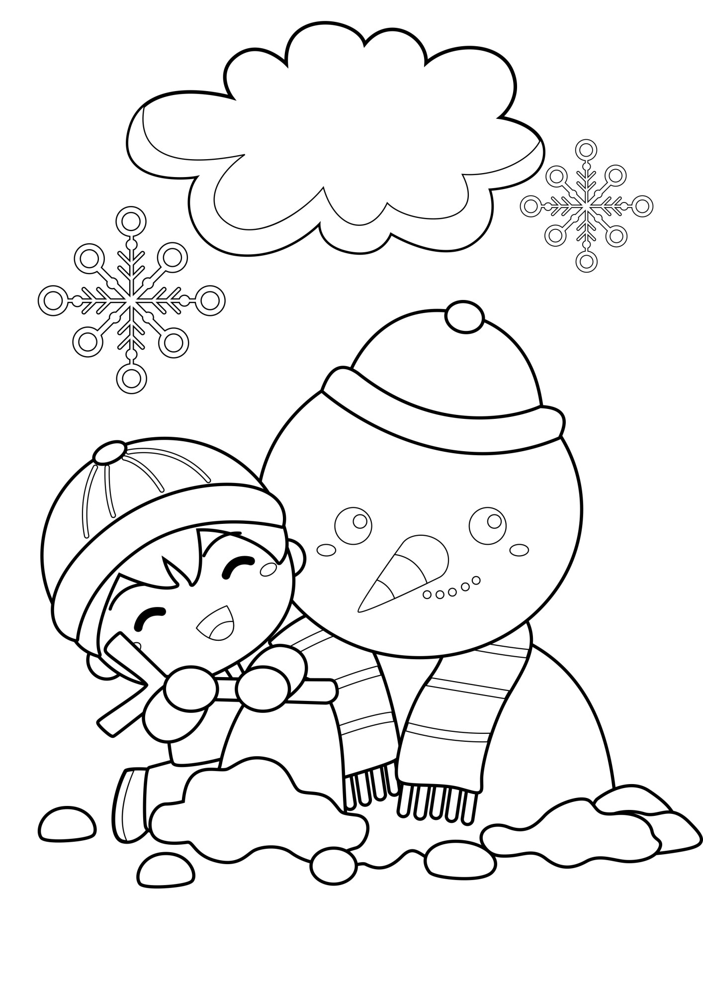 Раскраска для детей: снеговик и веселый мальчик