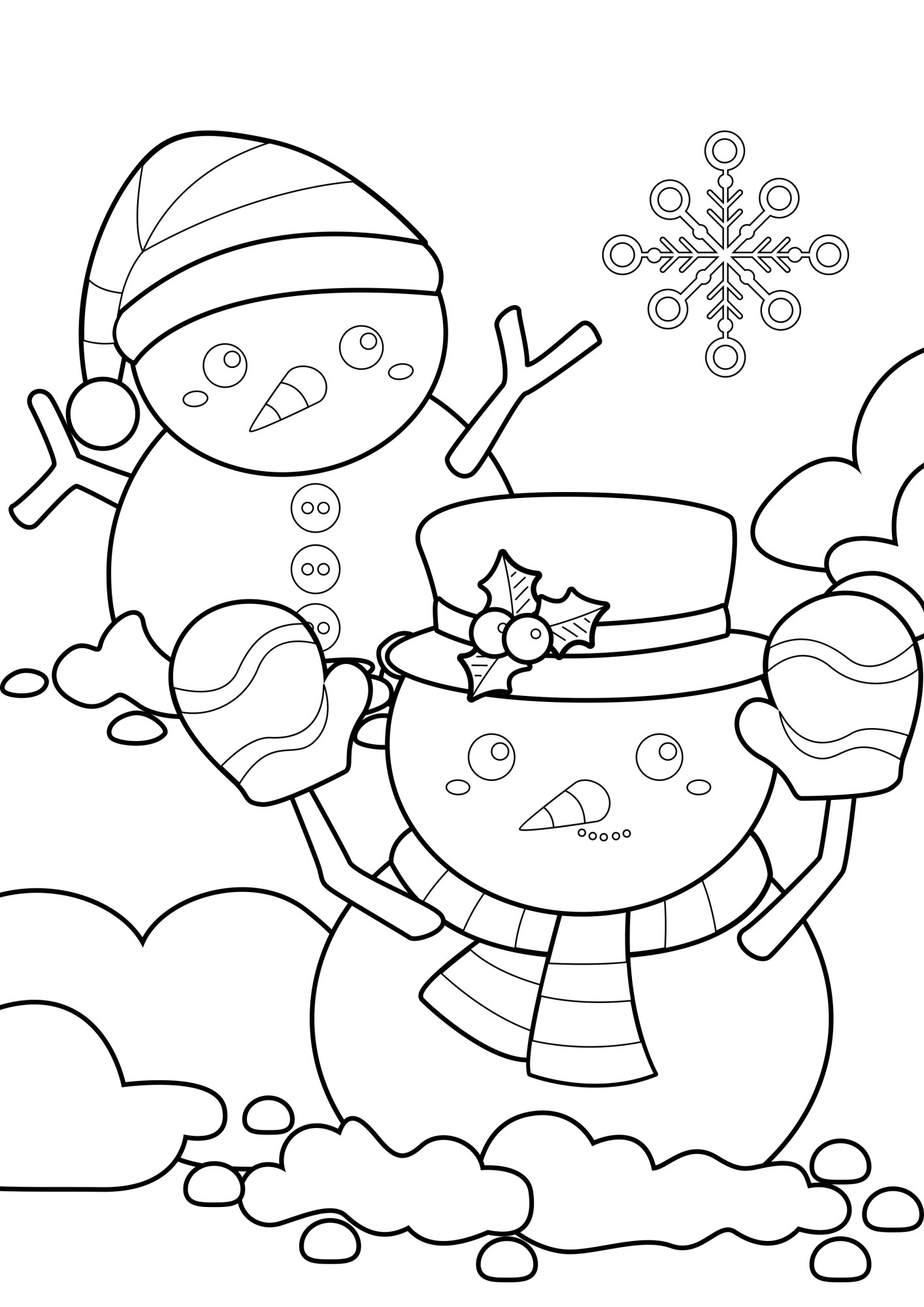 Раскраска для детей: два снеговика в шляпе и чепчике играют в снегу
