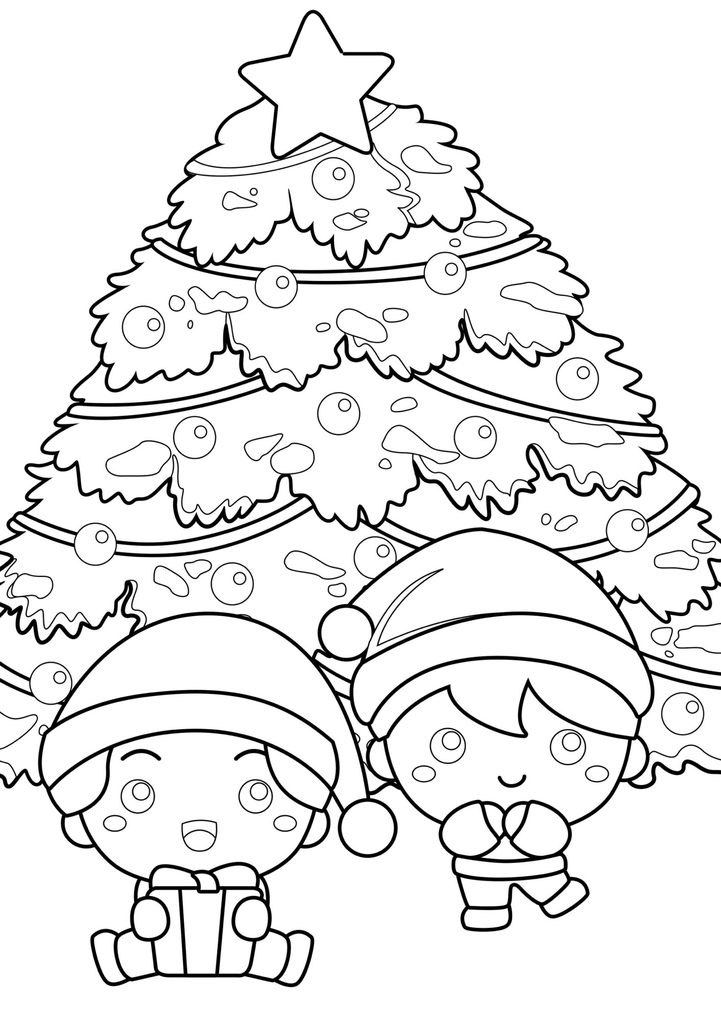 Раскраска для детей: дети рядом с новогодней ёлкой