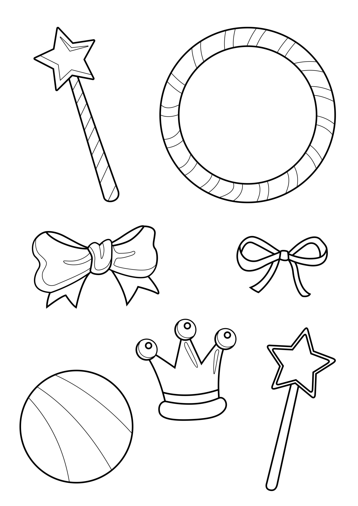 Раскраска для детей: игрушки: волшебные палочки, мячик, игрушечная корона и бантики