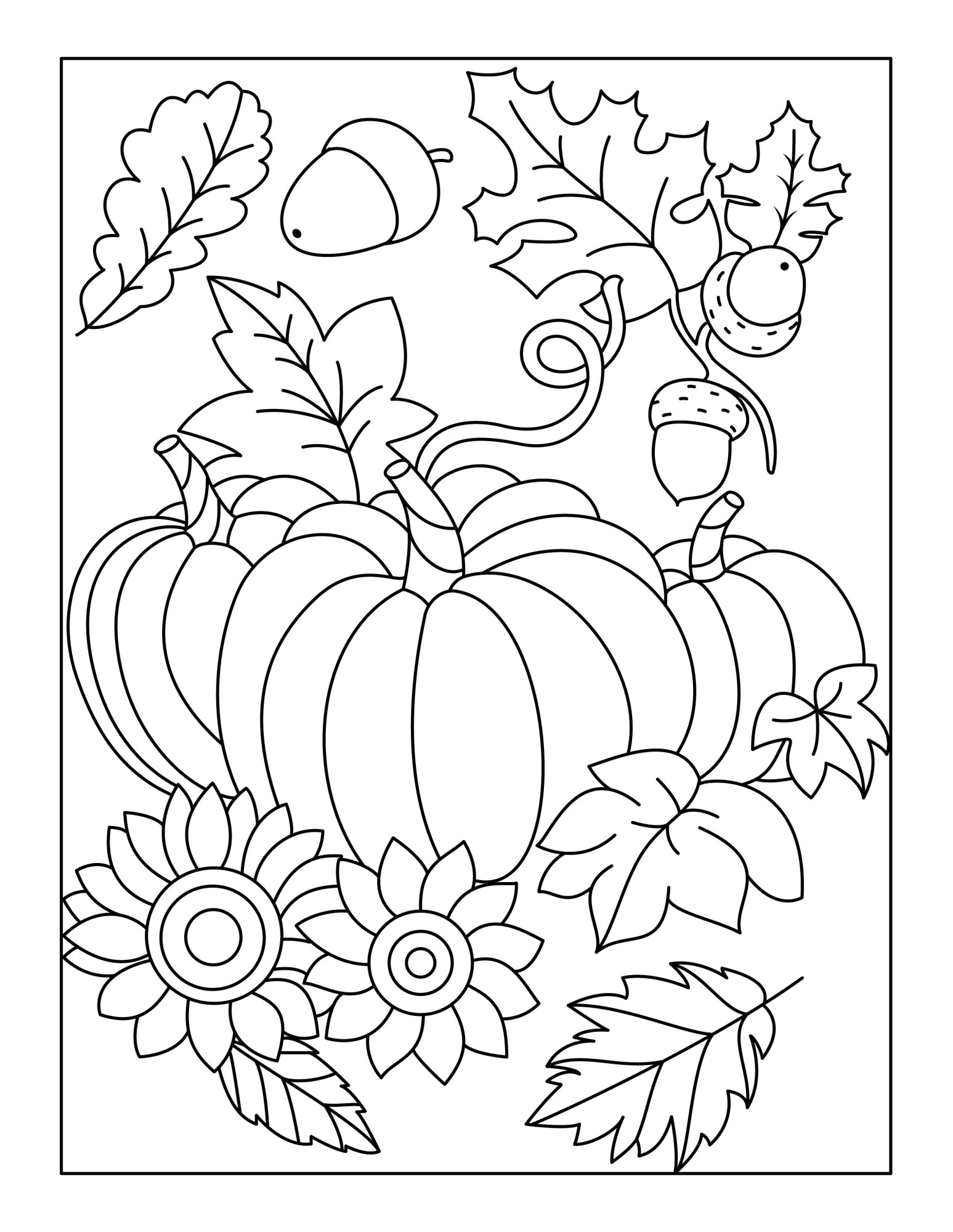 Раскраска для детей: три тыквы на фоне листьев и желудей