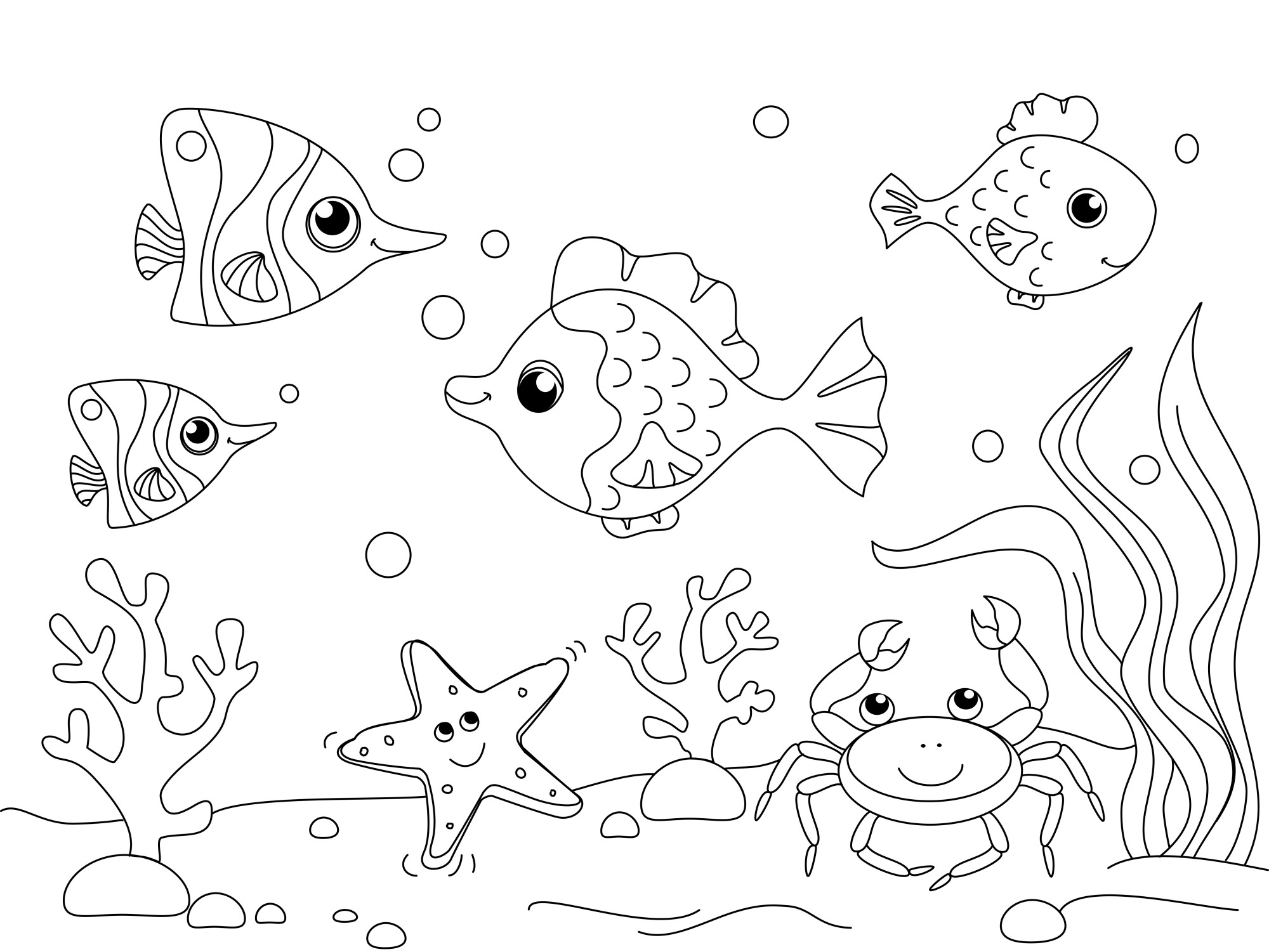 Раскраска для детей: подводный мир дно океана с морскими жителями рыбками