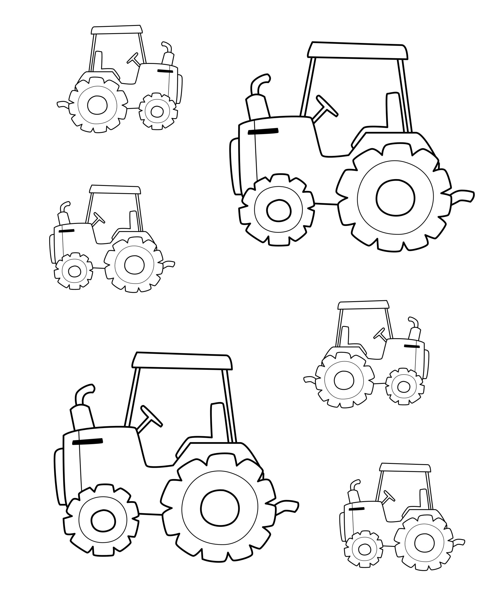 Раскраска для детей: набор игрушечных маленьких и больших тракторов