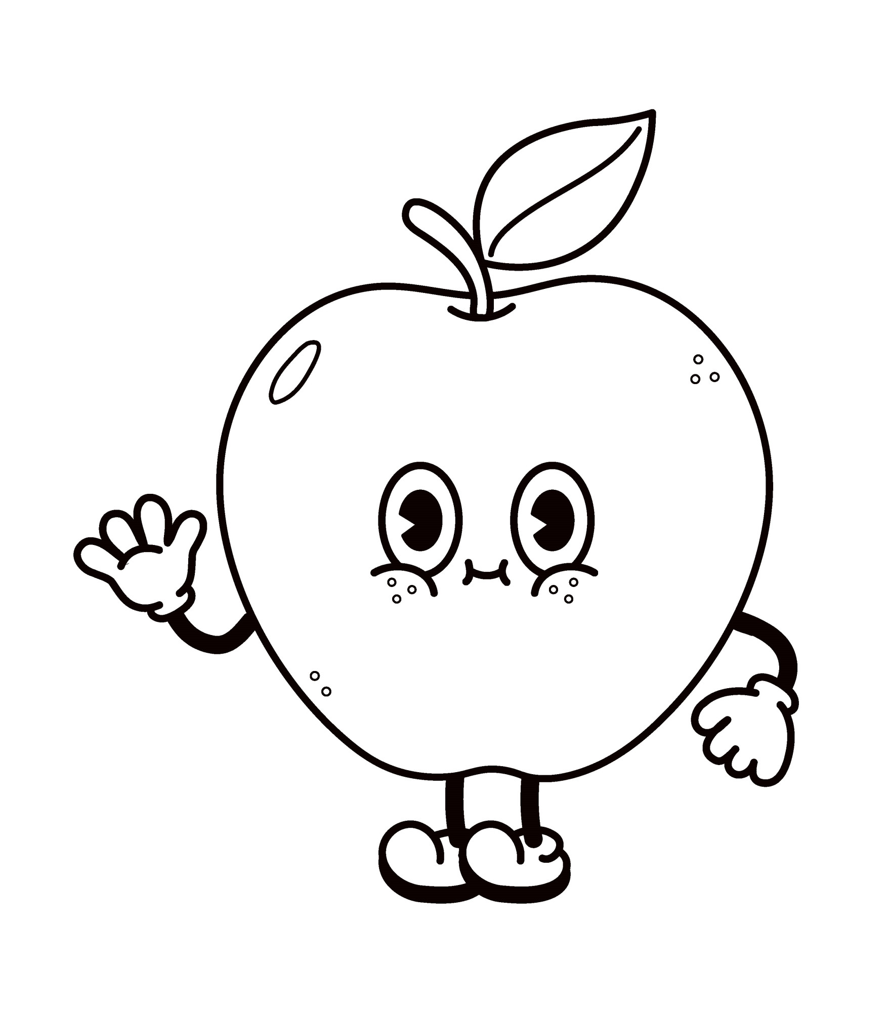 Раскраска для детей: милое яблоко с лицом машет рукой