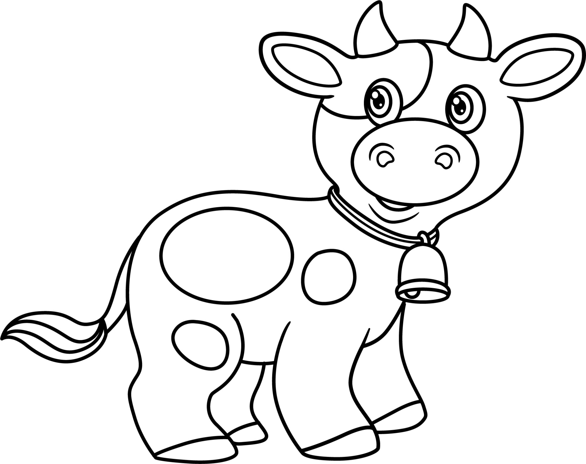 Раскраска для детей: симпатичная мультяшная корова с колокольчиком
