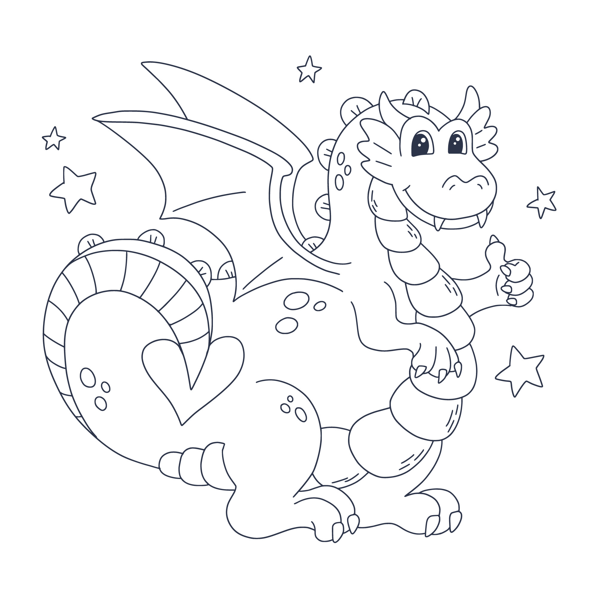 Раскраска для детей: веселый дракон с со звездочками
