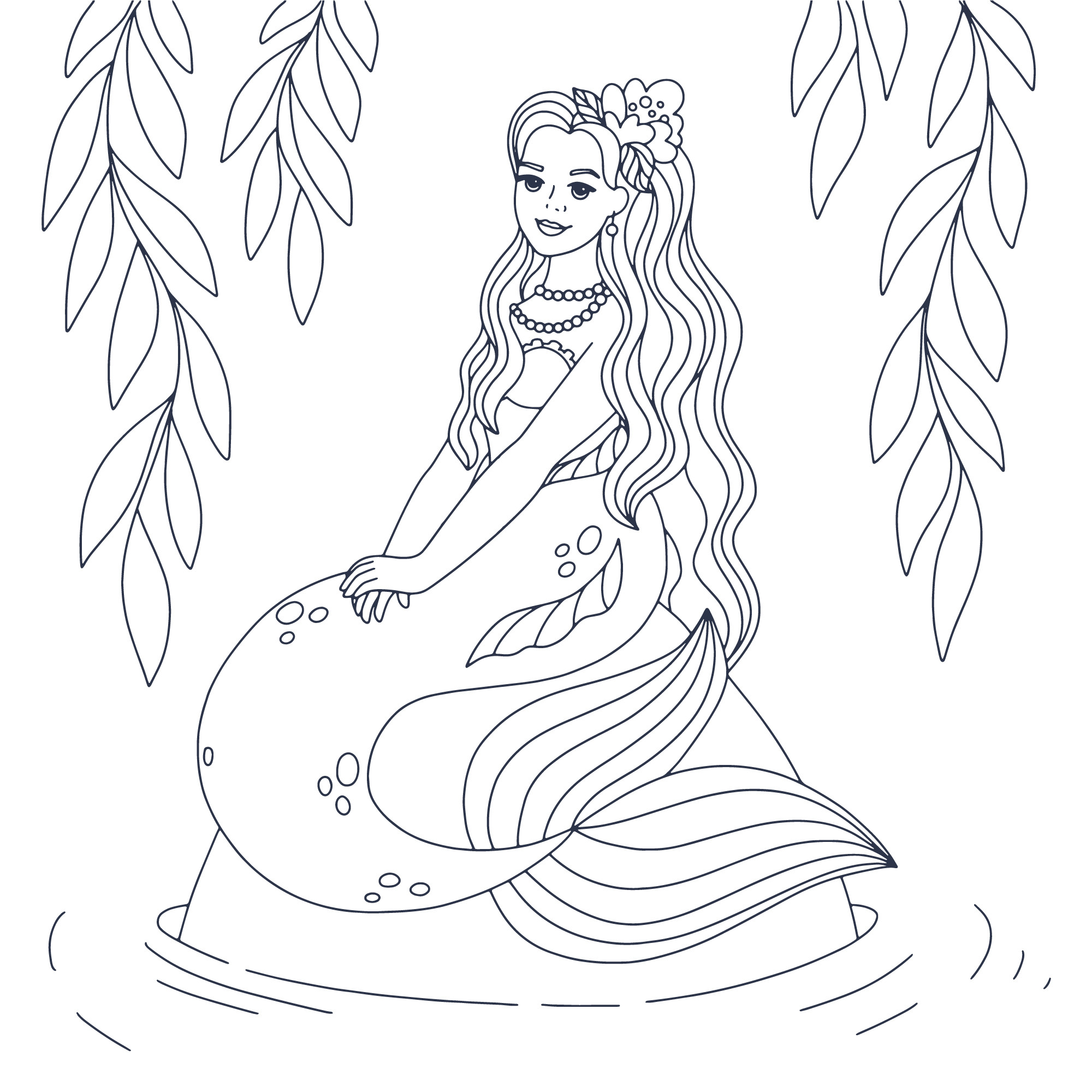 Раскраска для детей: русалка на камне с длинными волосами и ожерельем на шее
