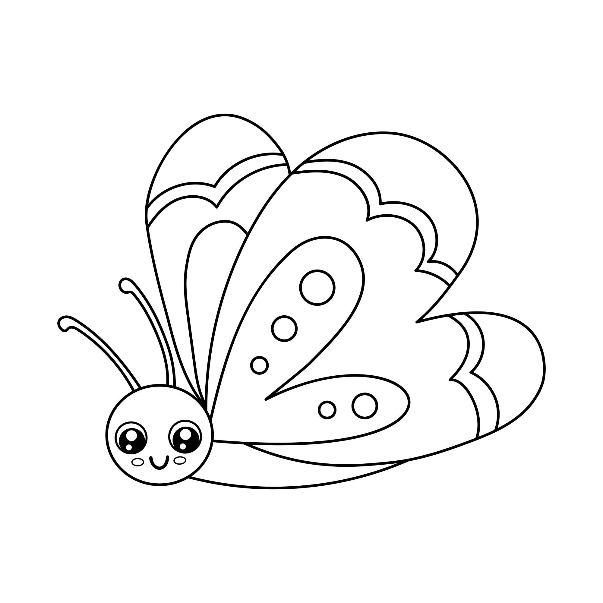 Раскраска для детей: смешная бабочка малыш с круглой головой