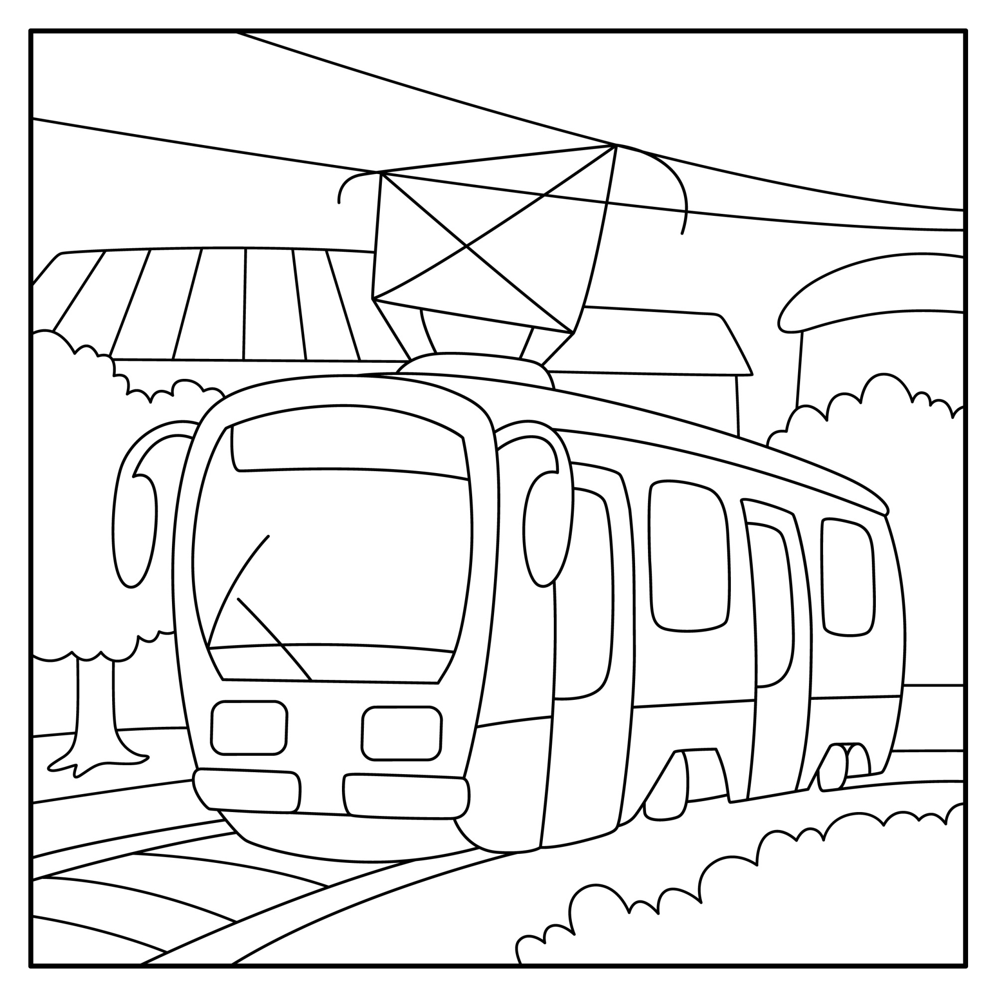 Раскраска для детей: современный трамвай на маршруте