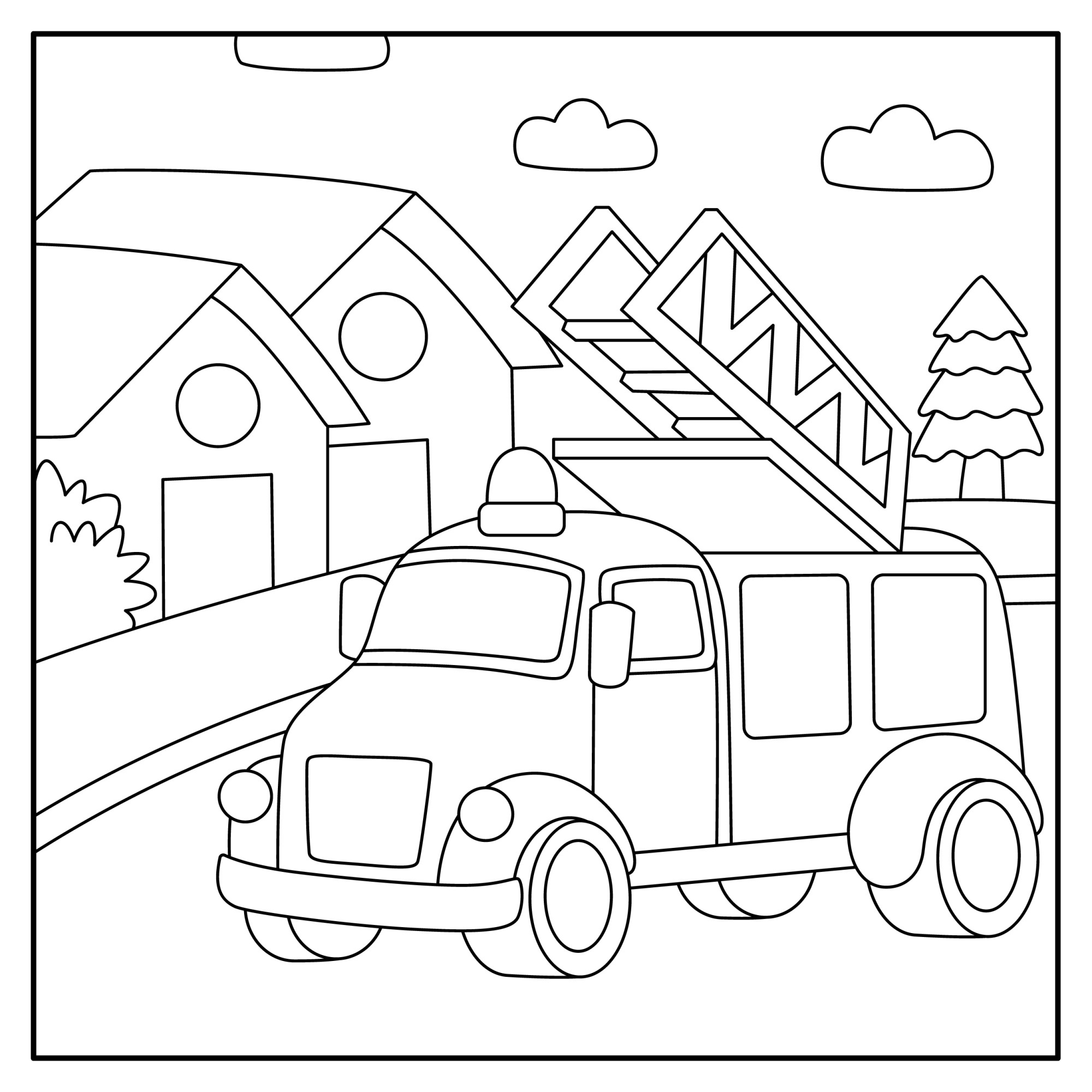 Раскраска для детей: пожарная машина с лестницей на фоне домов