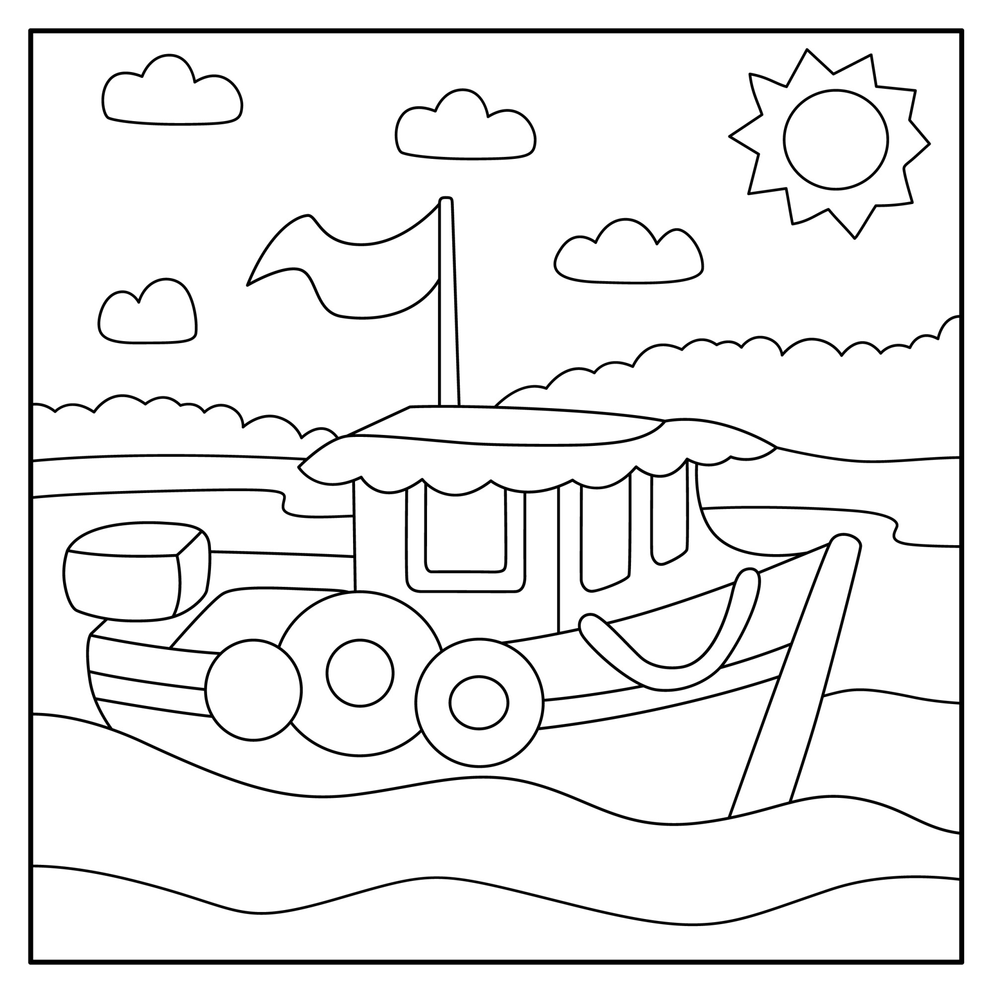 Раскраска для детей: корабль с флагом «Морские приключения»
