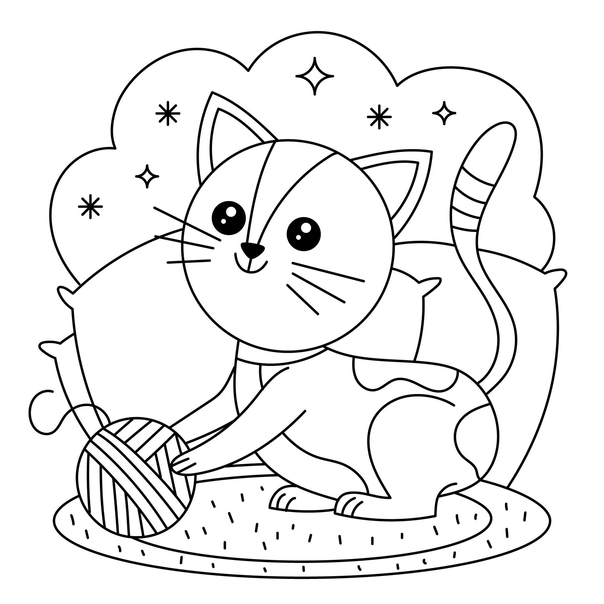 Раскраска для детей: кошка играет с клубком и подушками