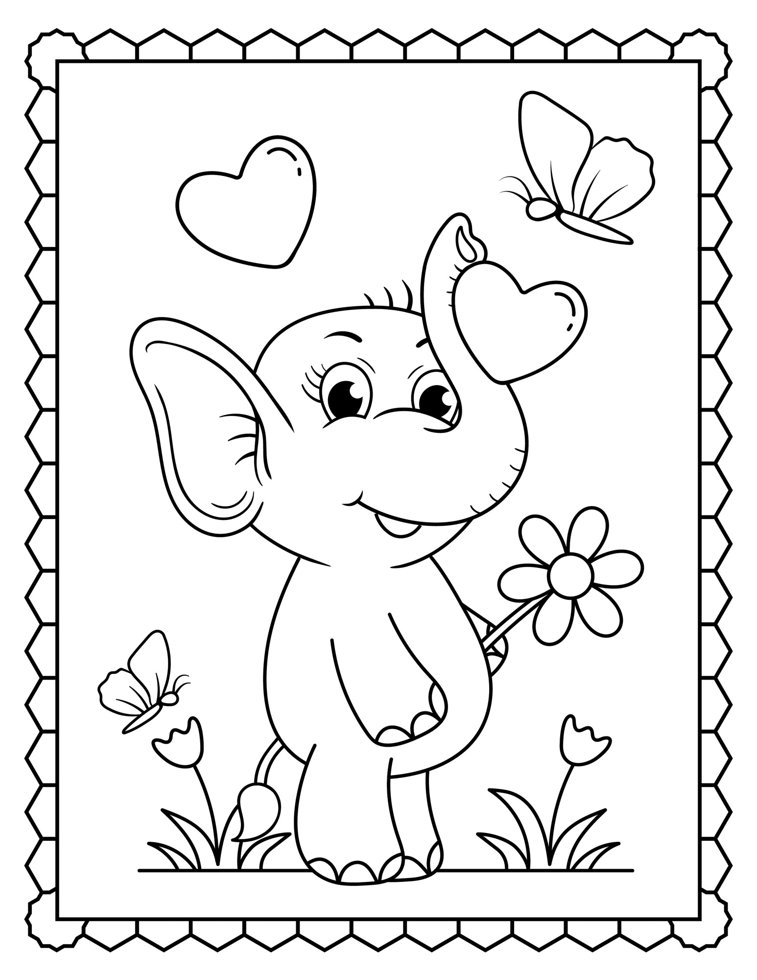 Раскраска для детей: бабочка и слон в поле