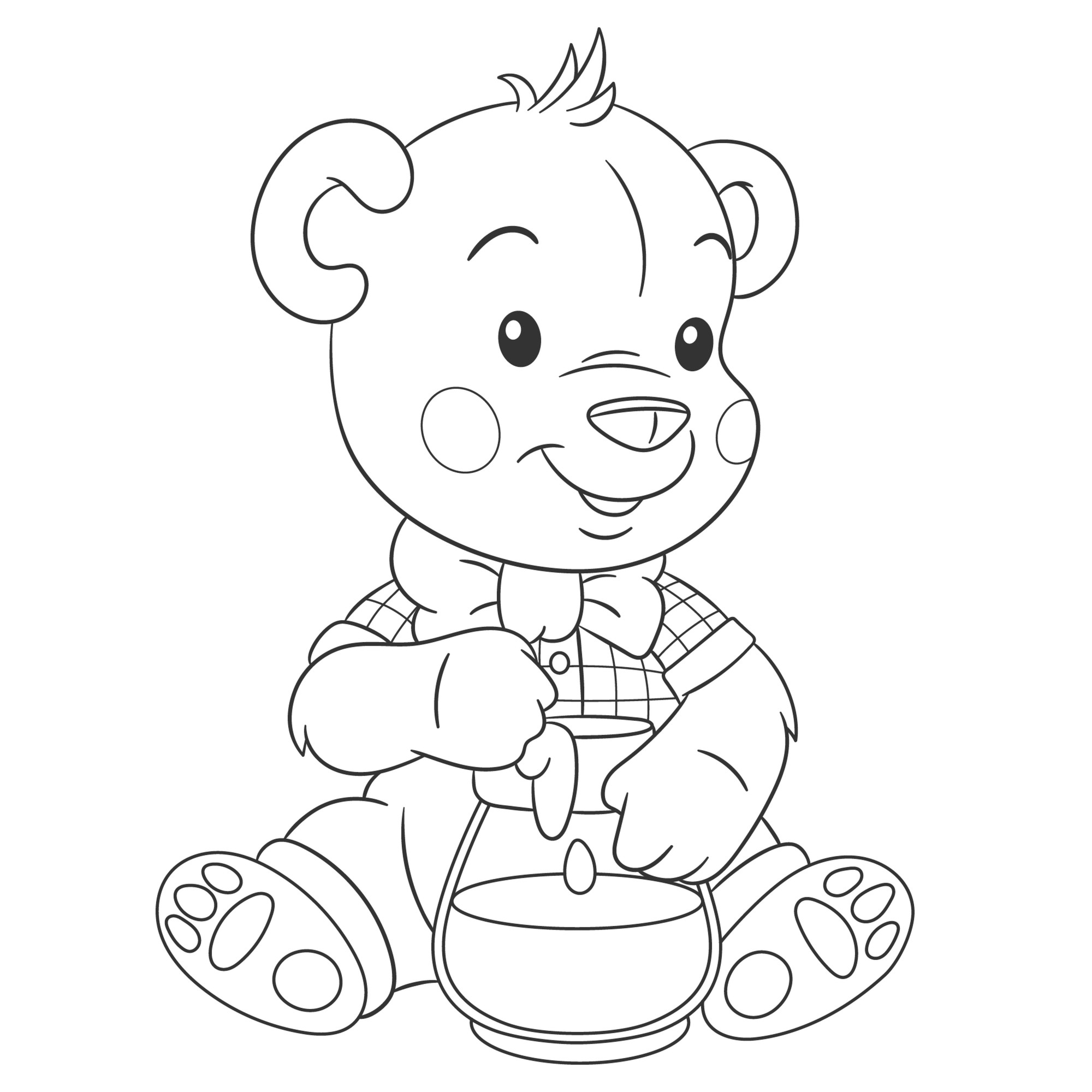 Раскраска для детей: мультяшный медведь с банкой меда