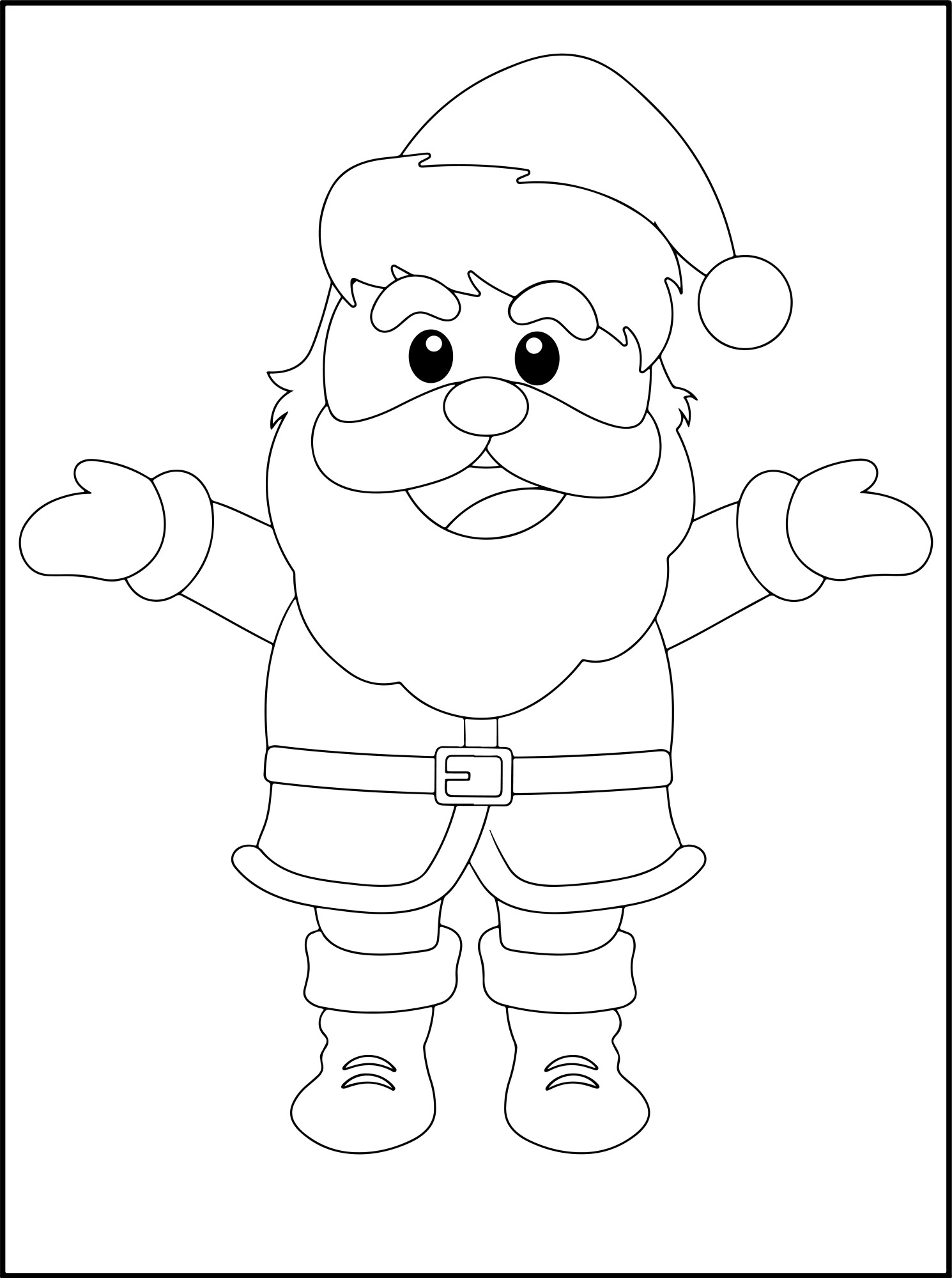Раскраска для детей: веселый дед мороз в шапке с расставленными руками