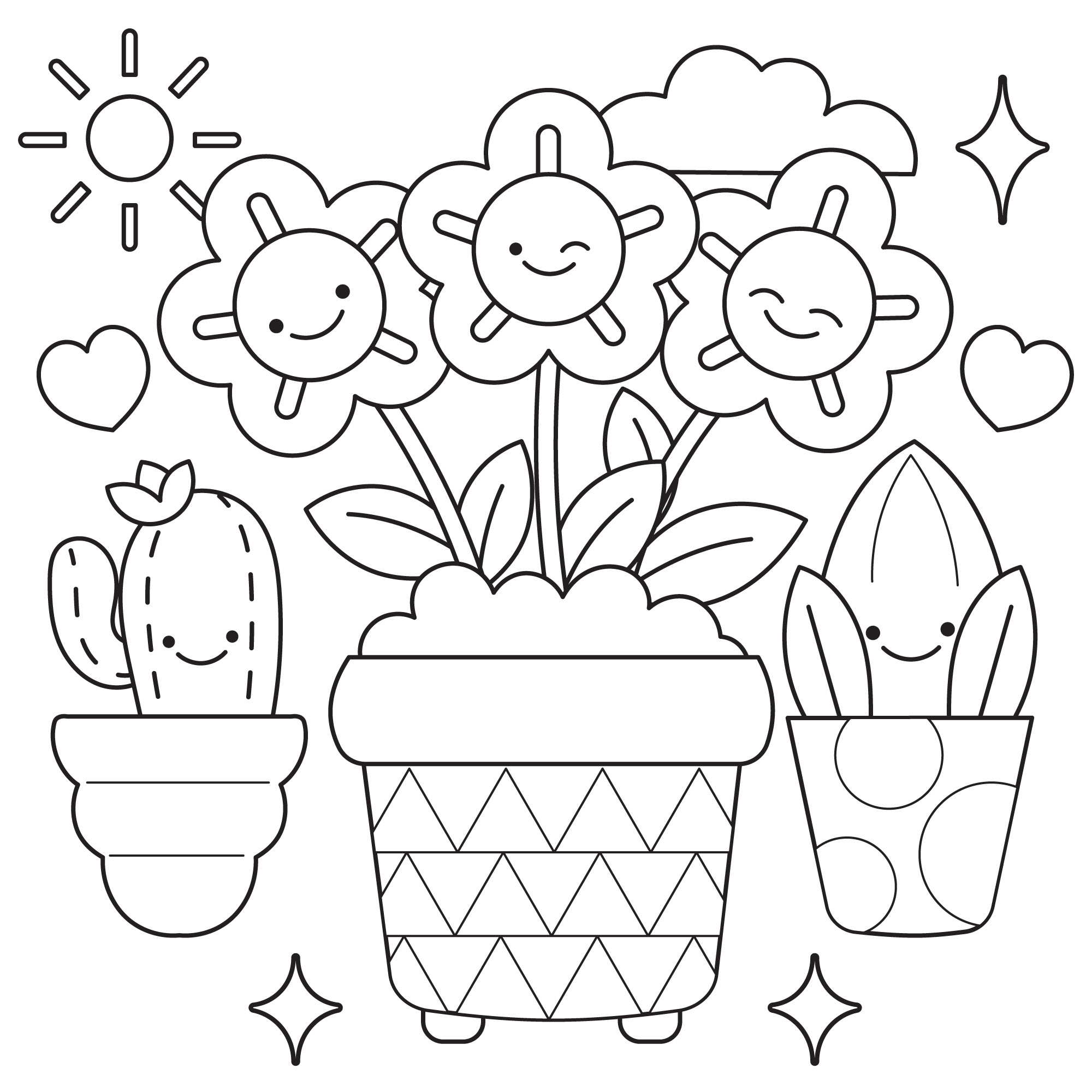 Раскраска для детей: три цветка в горшке и два кактуса