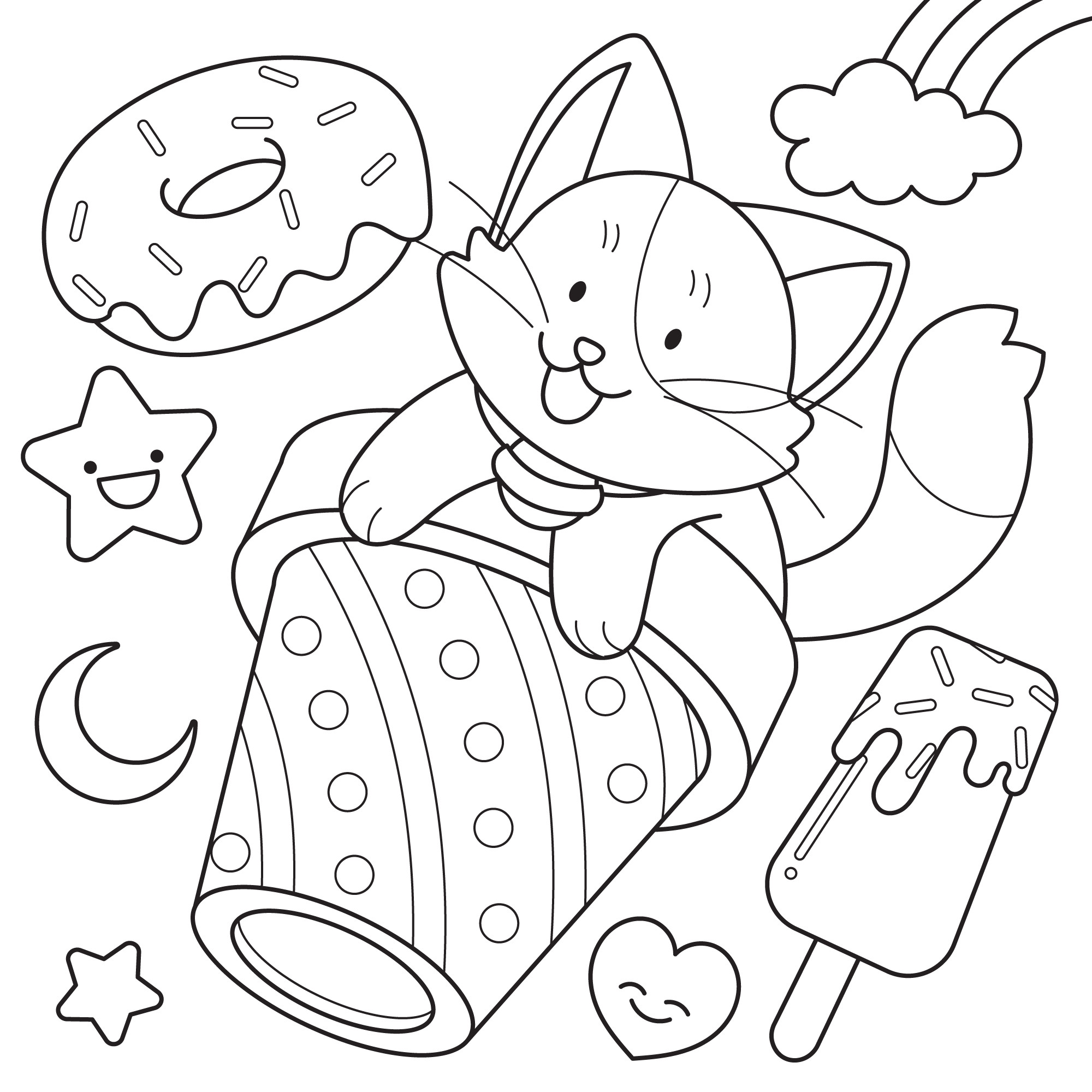 Раскраска для детей: каваи котенок в стакане на фоне пончика и мороженного