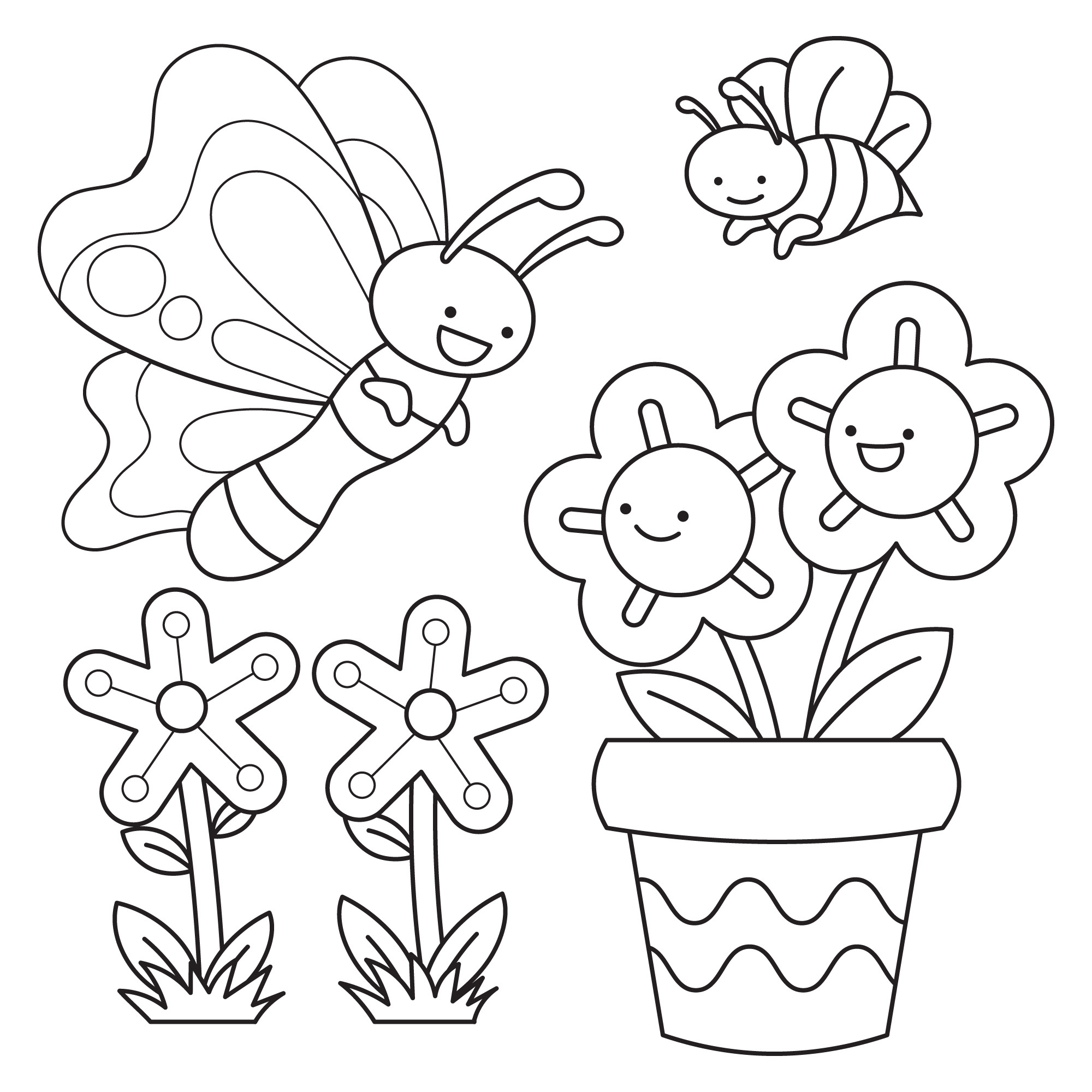 Раскраска для детей: цветы в горшке и пчелы