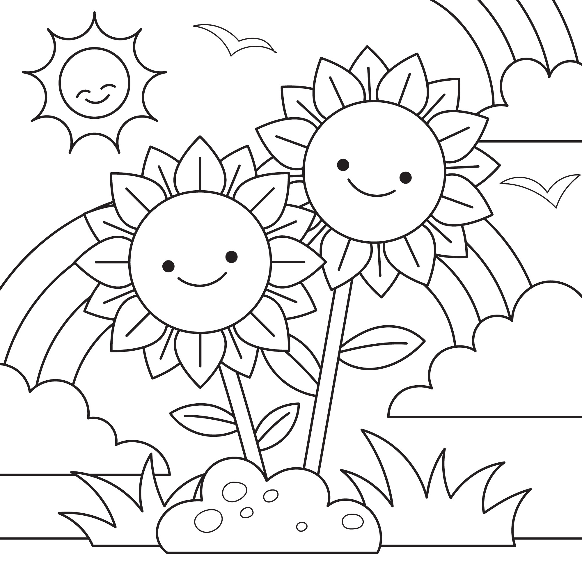 Раскраска для детей: цветы подсолнухи на фоне неба и солнца