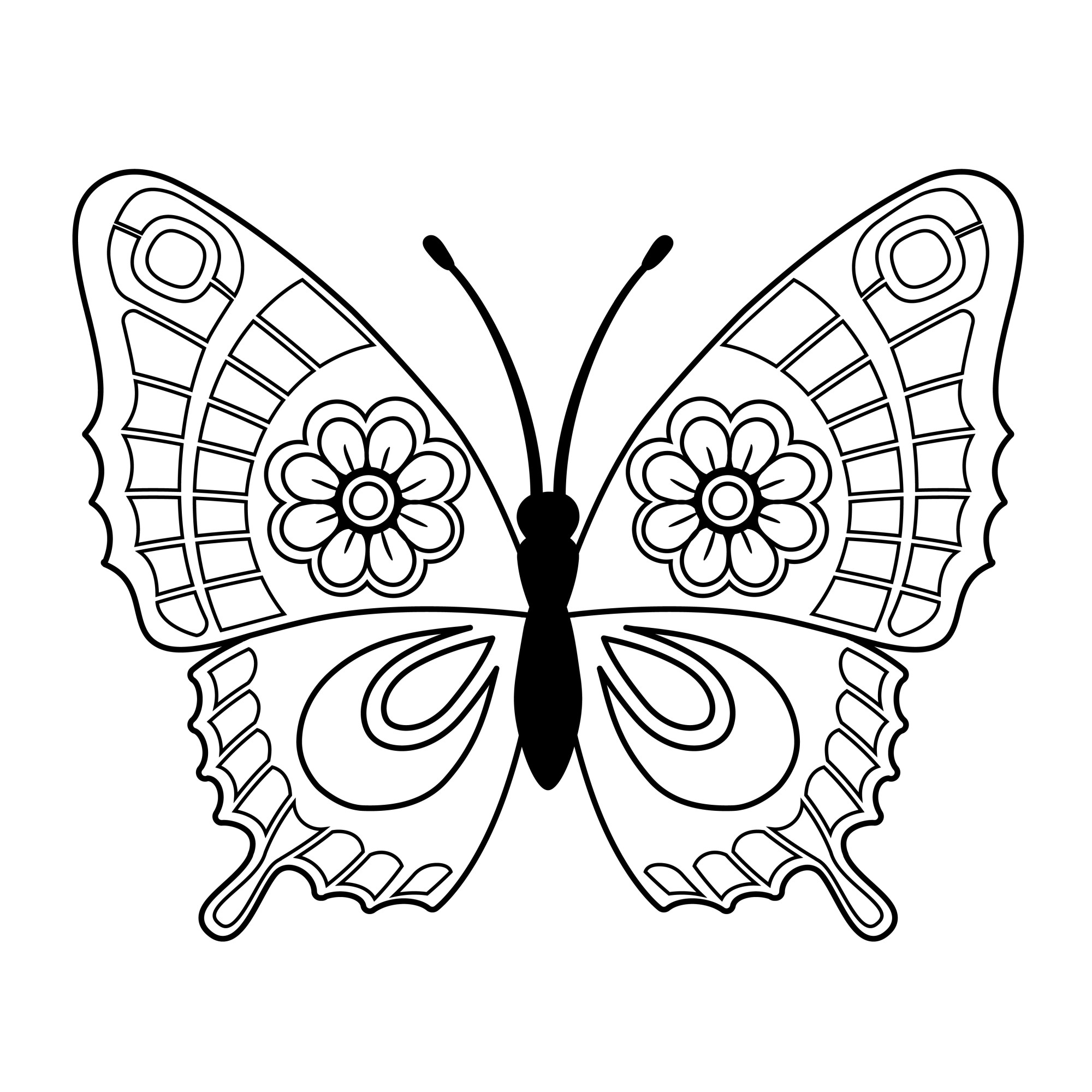 Раскраска для детей: силуэт бабочки с цветами на крыльях