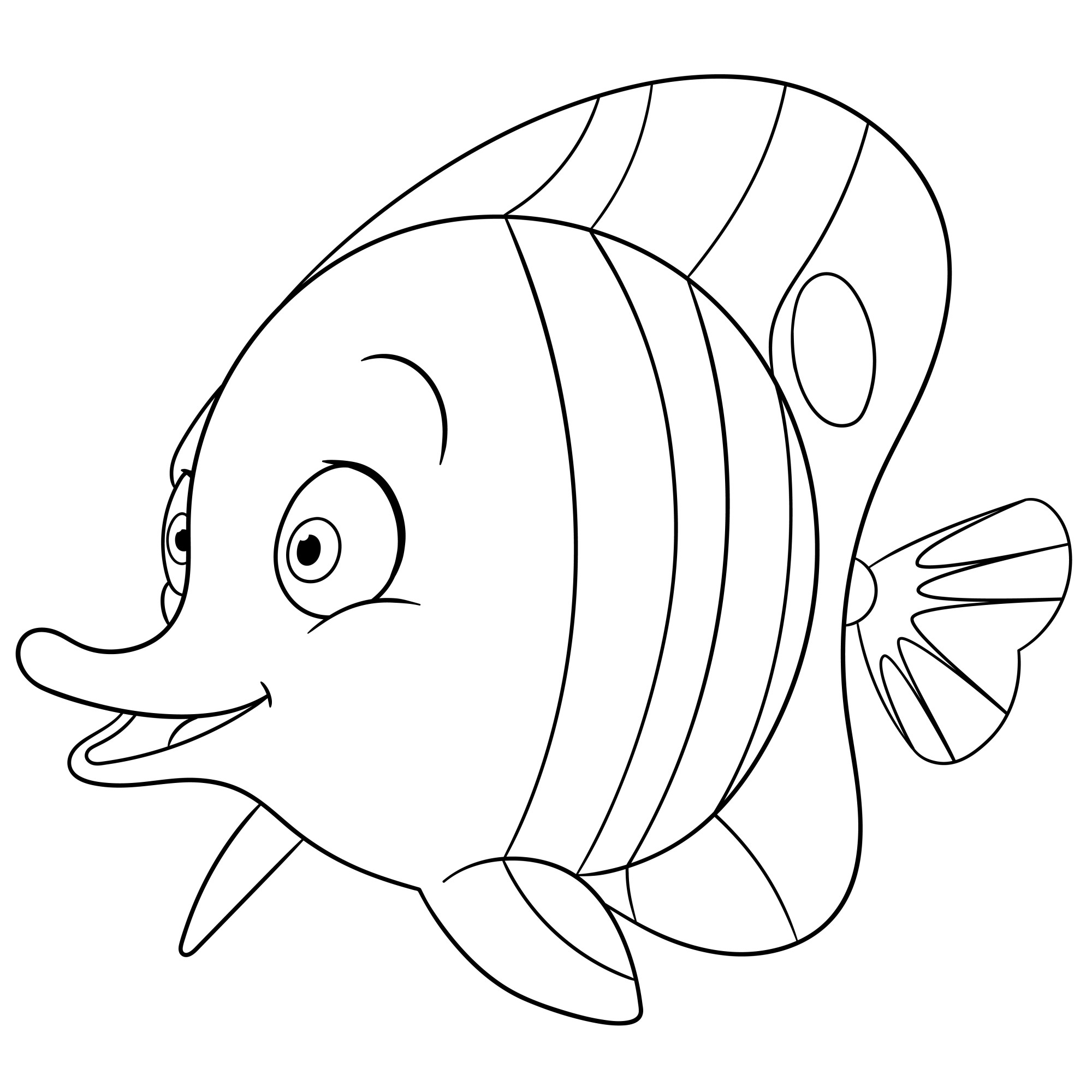 Раскраска для детей: мультяшная счастливая рыба-бабочка