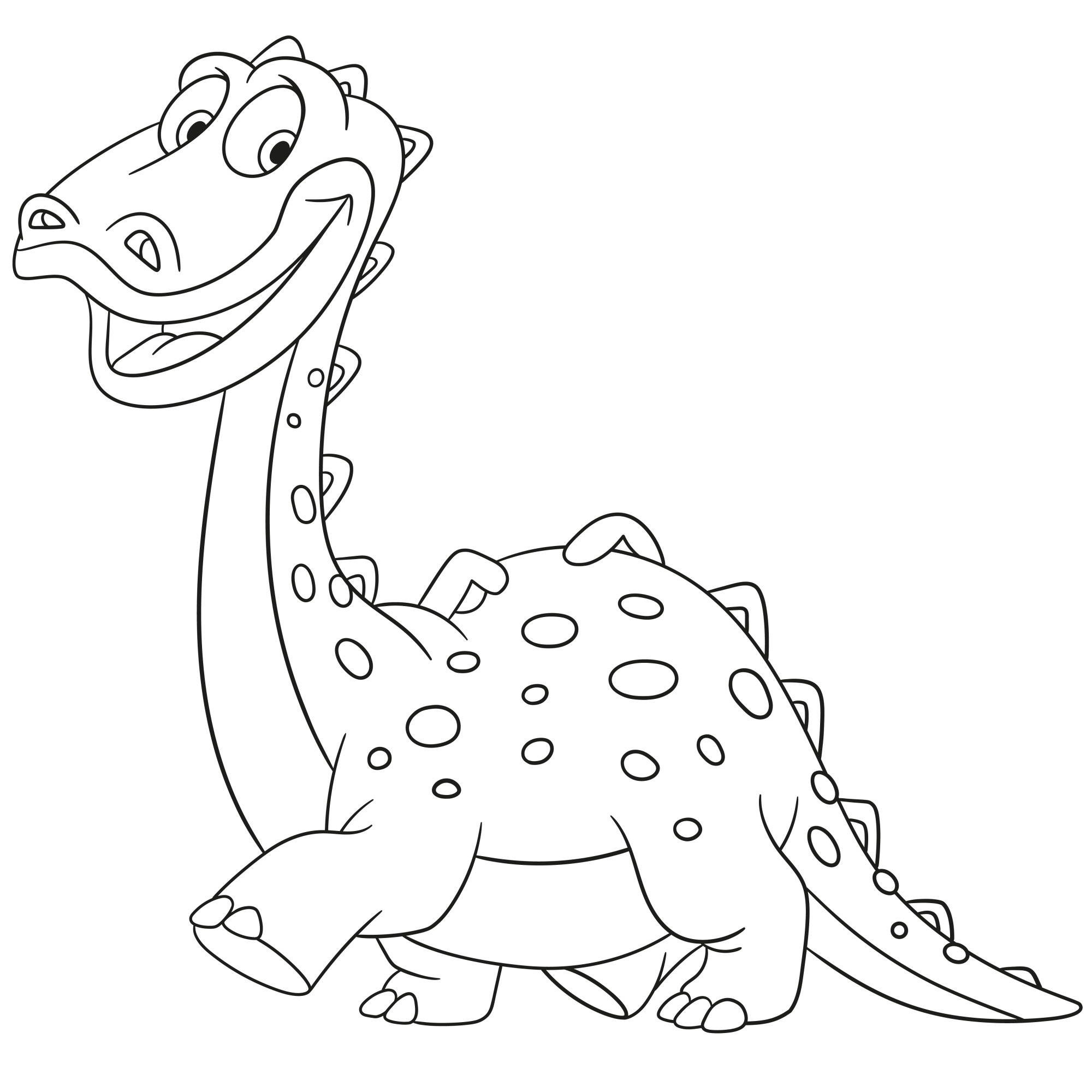 Раскраска для детей: счастливый динозавр-диплодок шагает