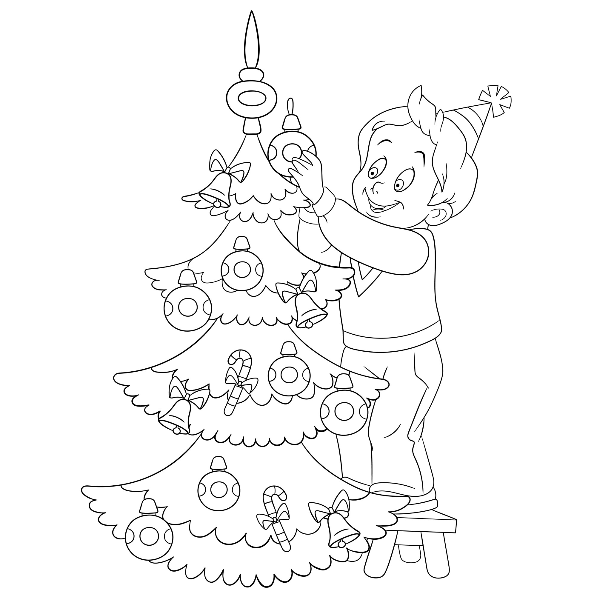 Раскраска для детей: мальчик украшает новогоднюю ёлку