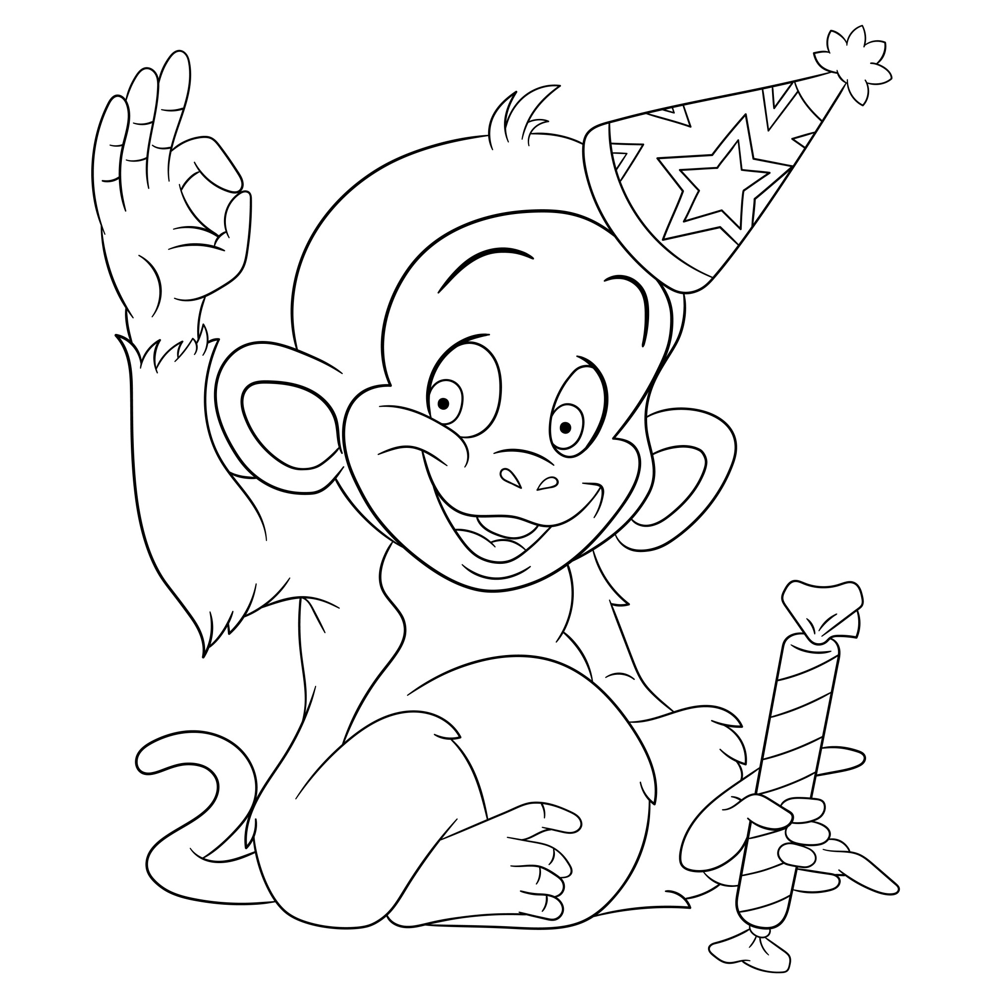 Раскраска для детей: счастливая обезьяна в праздничном колпаке на голове и хлопушкой в руке