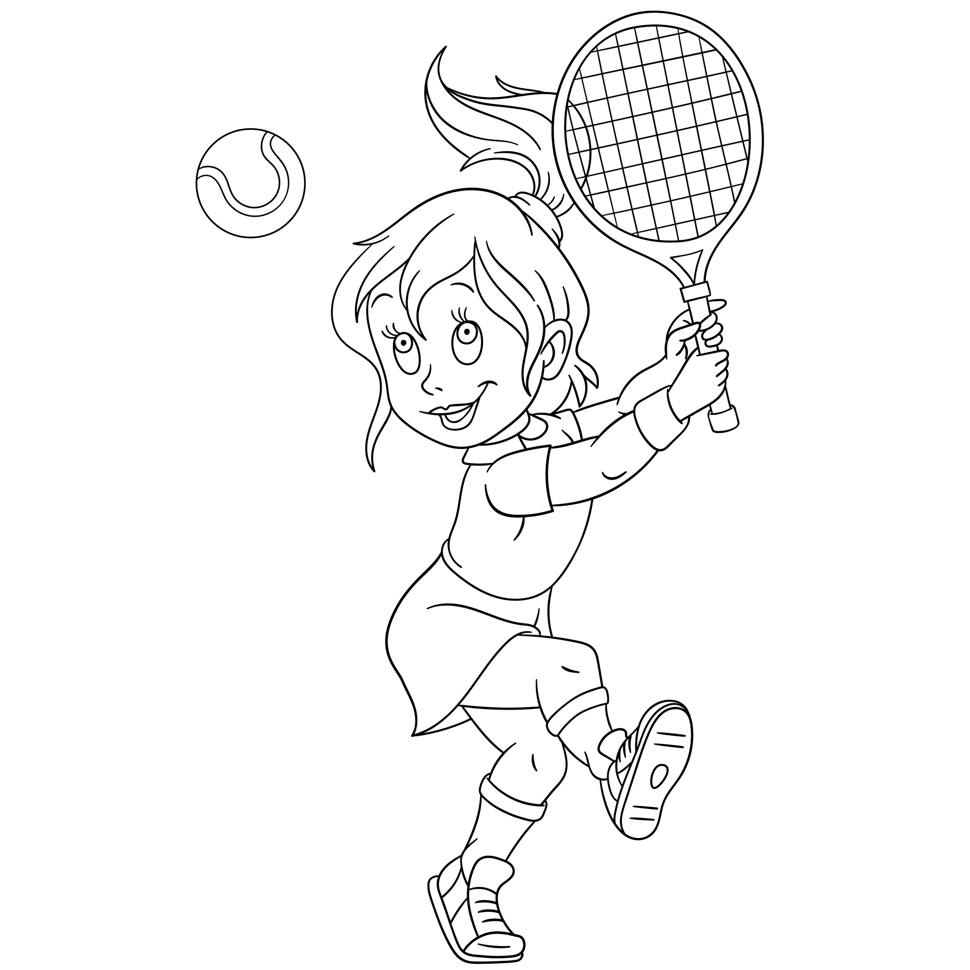 Раскраска для детей: милая девочка с ракеткой играет в теннис
