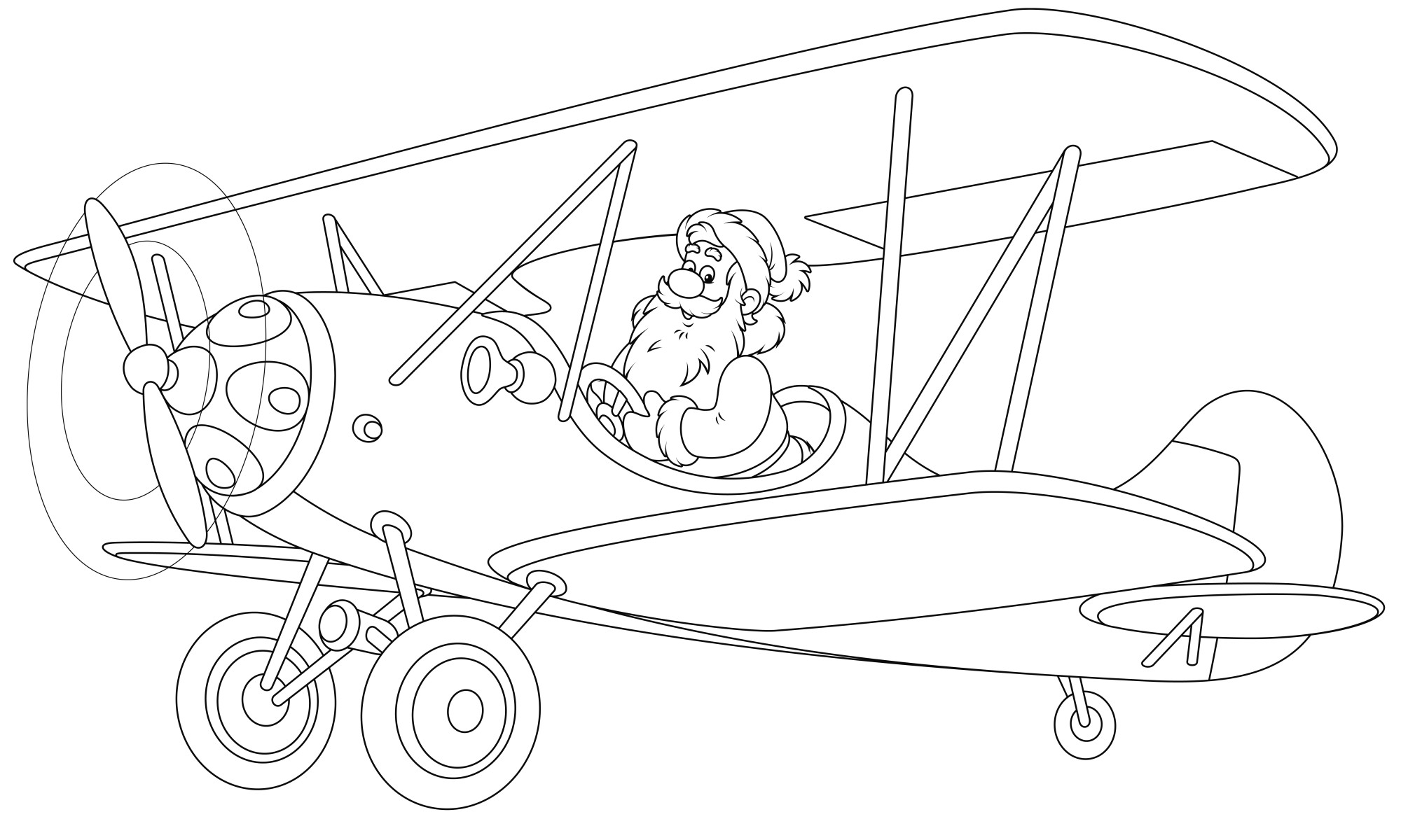 Раскраска для детей: самолет с пропеллером и дедушкой на борту