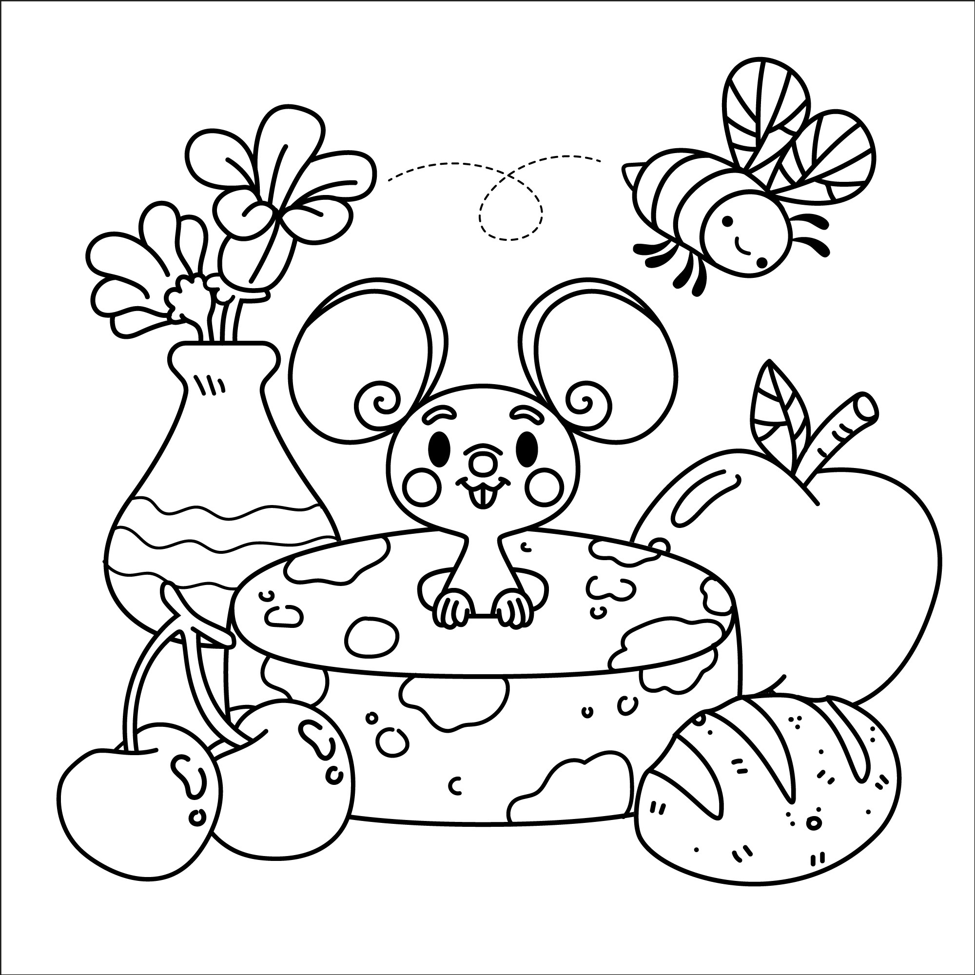 Раскраска для детей: мышонок выглядывает из сыра на фоне фруктов и пчелки