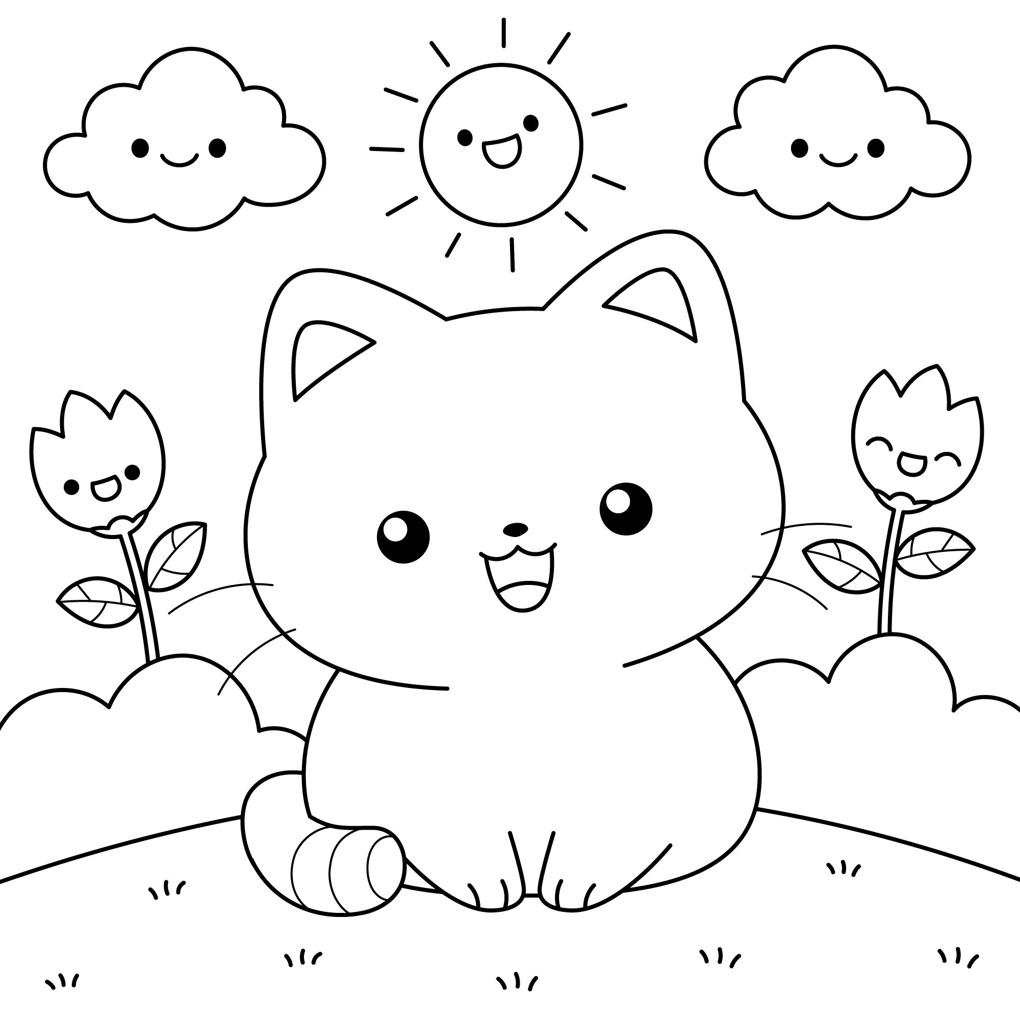 Раскраска для детей: аниме кошечка в поле на фоне цветов и неба