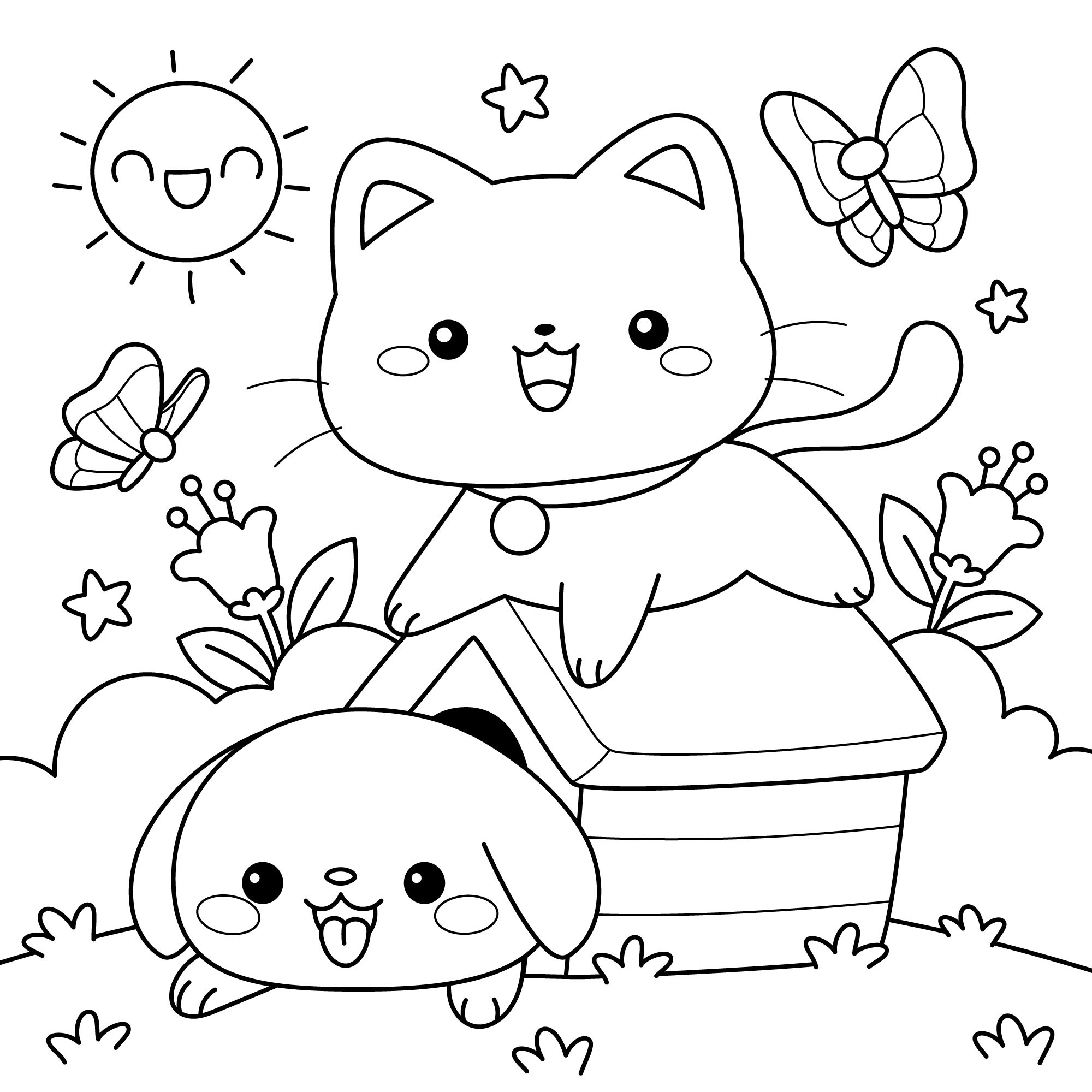 Раскраска для детей: каваи бабочка с котиком и собачкой в саду