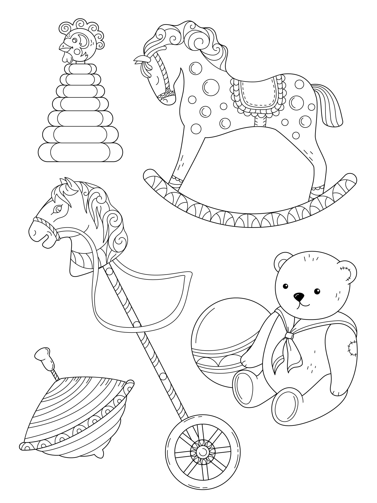 Раскраска для детей: детские игрушки: юла, конь с колесом, мишка с мячом, лошадка-качалка, пирамидка