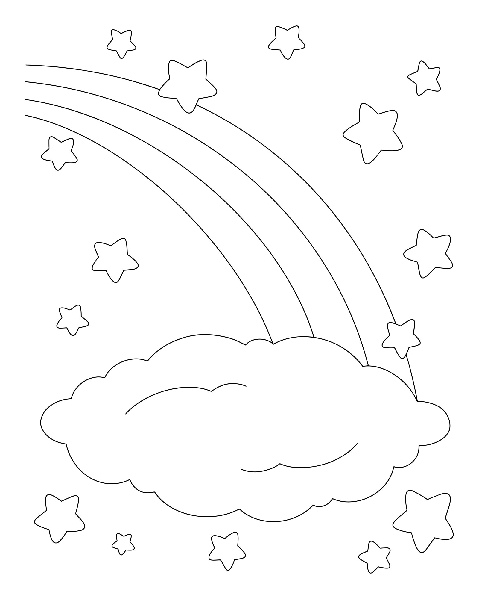Раскраска для детей: радуга и облачко на фоне звезд