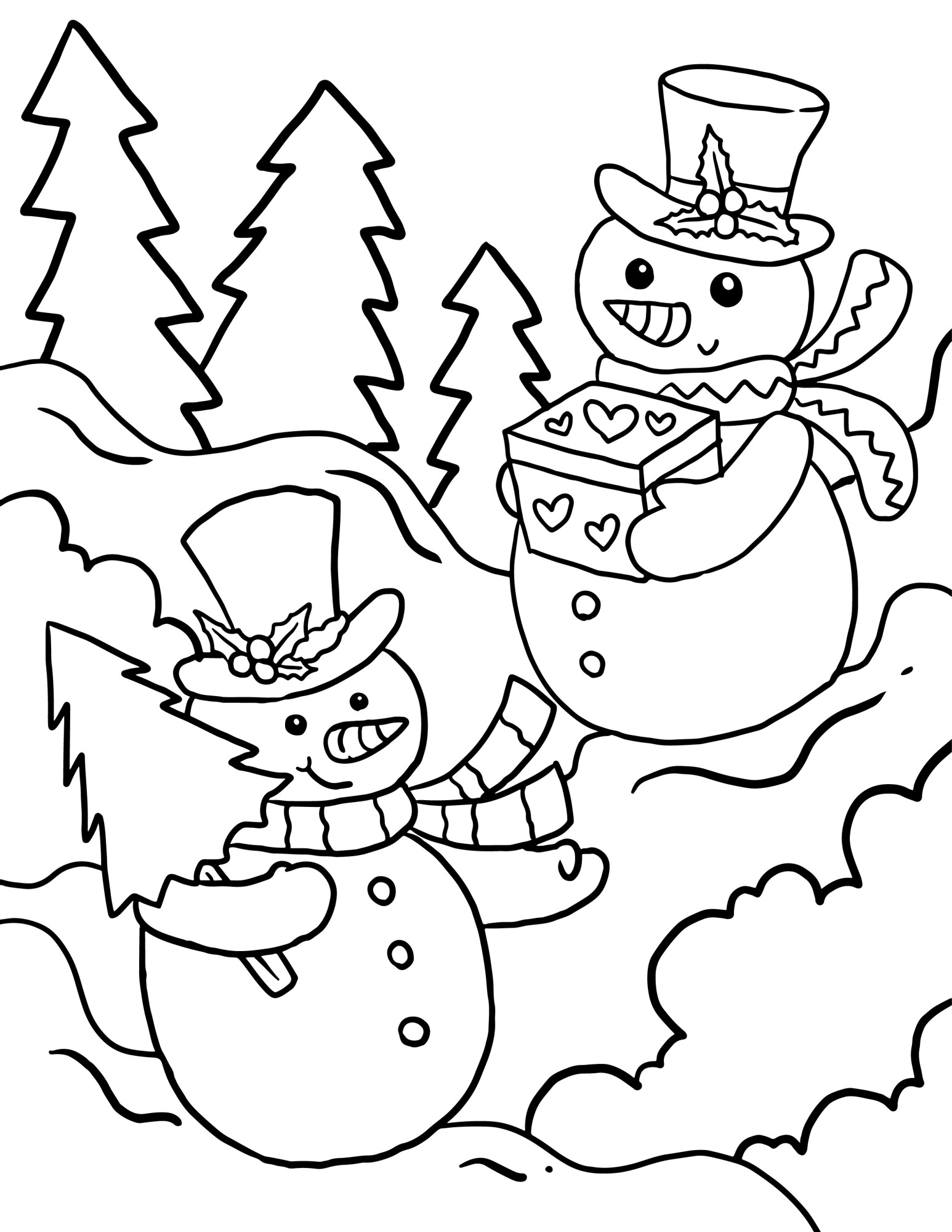 Раскраска для детей: два снеговика с подарком и ёлочкой в руках