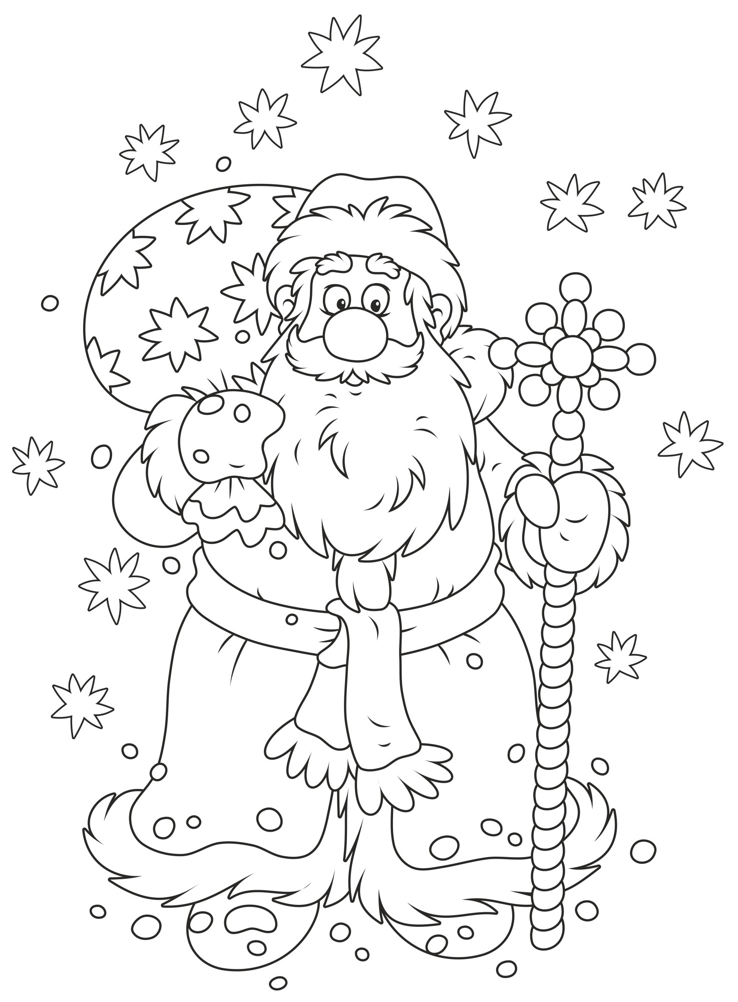 Раскраска для детей: дед мороз в варежках с мешком подарков и волшебным посохом