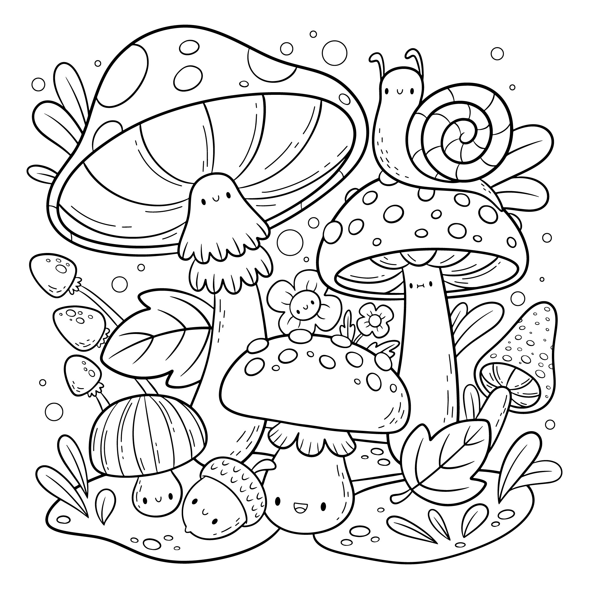 Раскраска для детей: лес грибы ягоды улитка