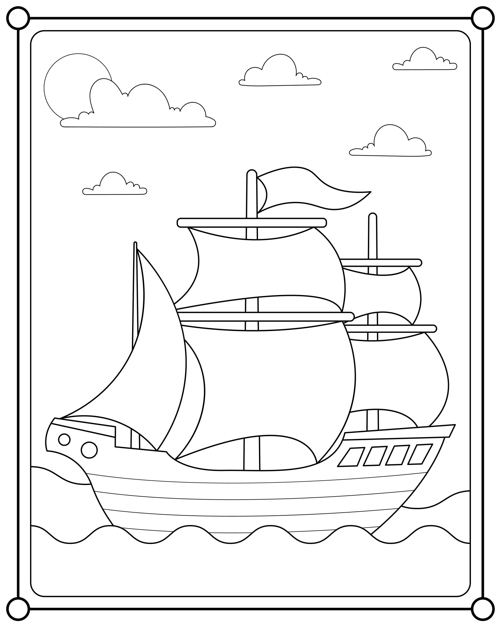 Раскраска для детей: старый корабль парусник в морских волнах