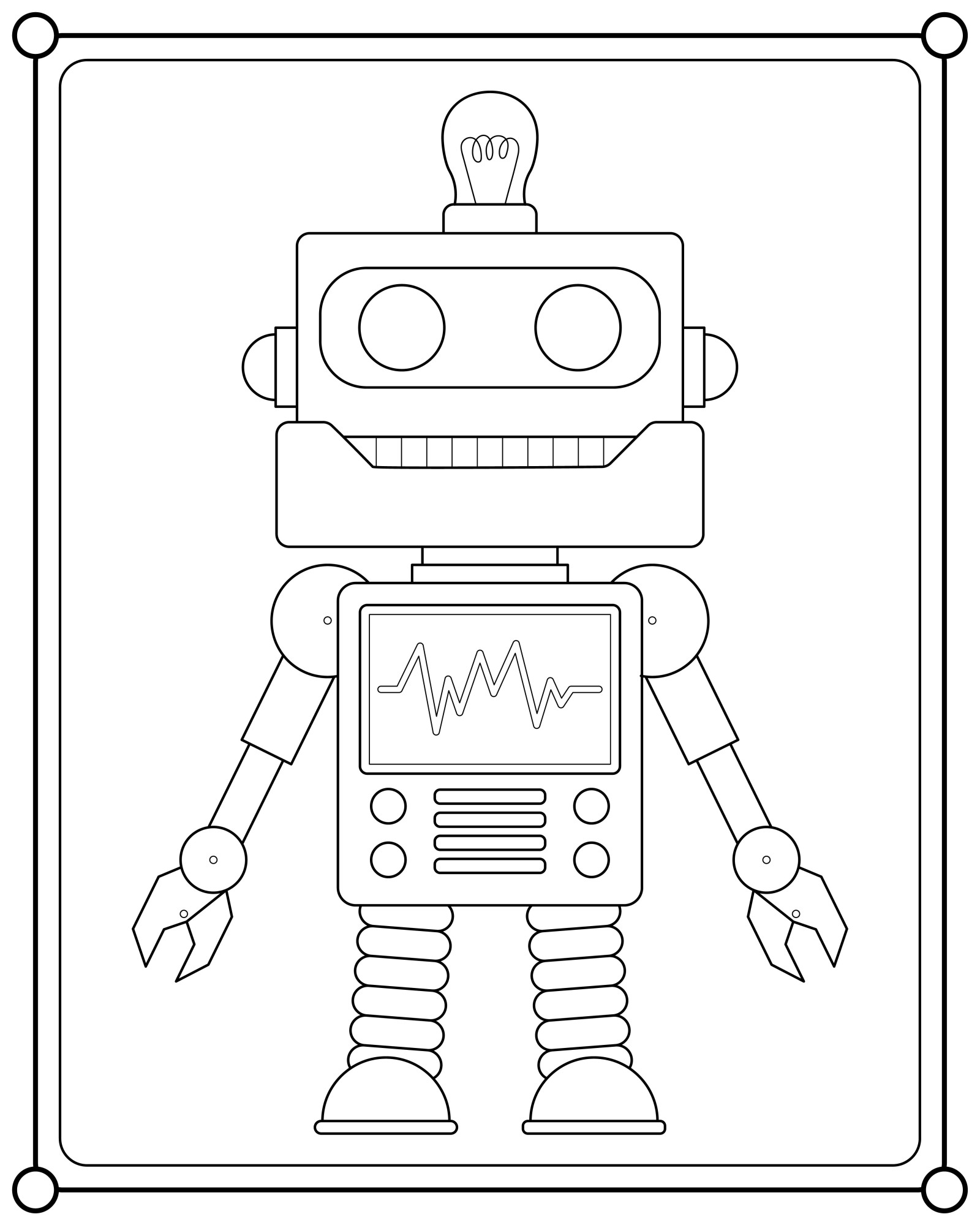 Раскраска для детей: робот с квадратной головой и лампочкой