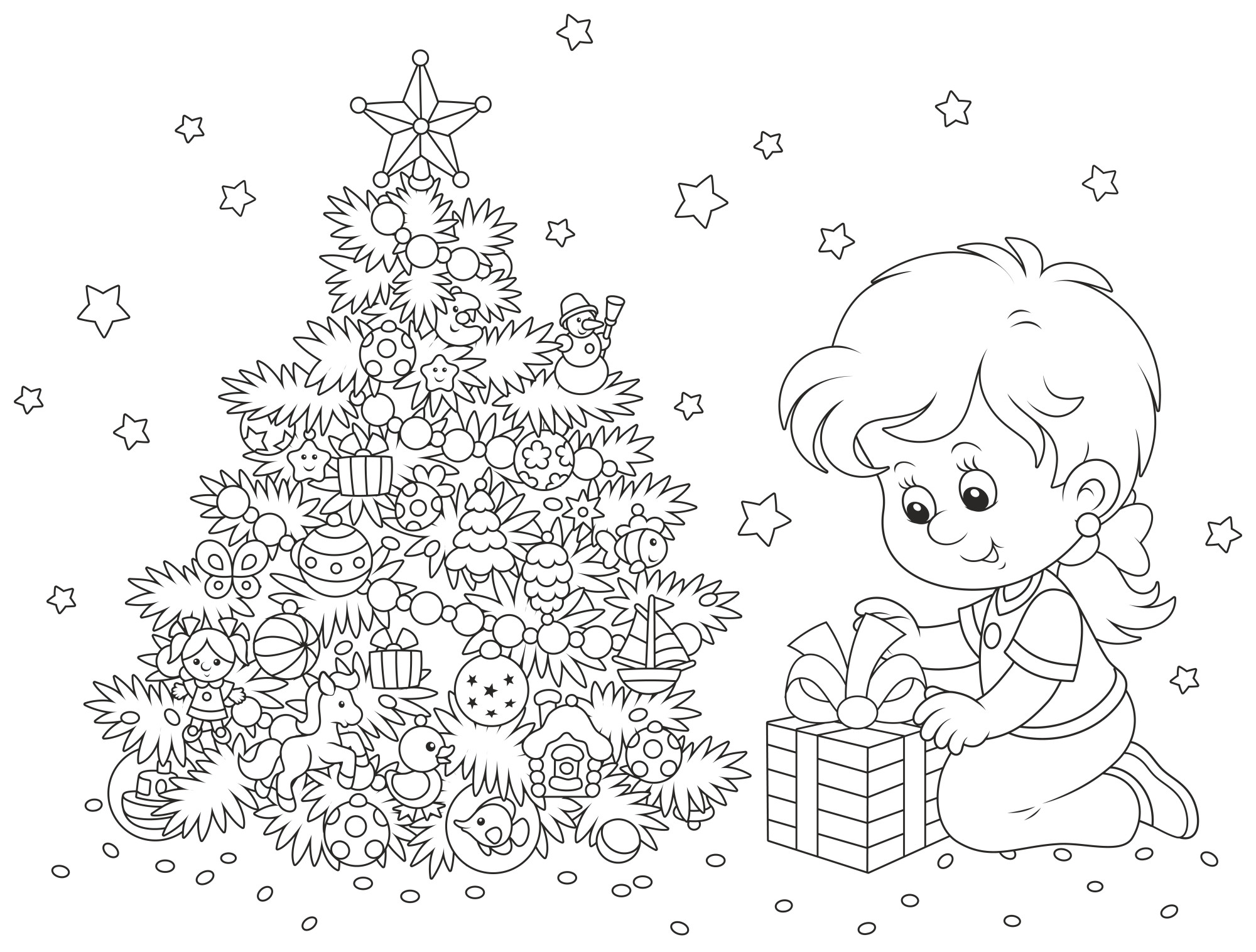 Раскраска для детей: девочка с подарком возле елки