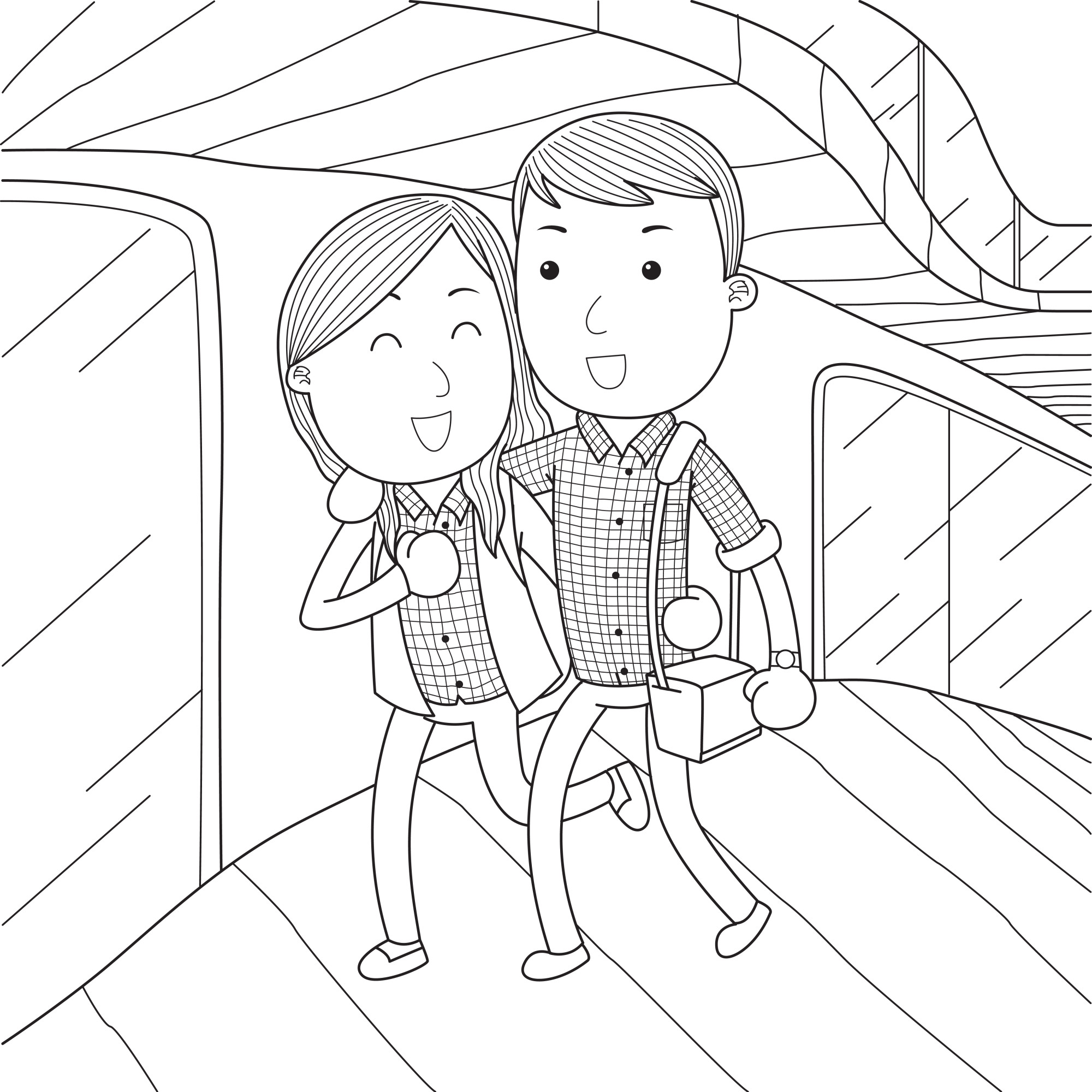 Раскраска для детей: девочка и мальчик идут в метро