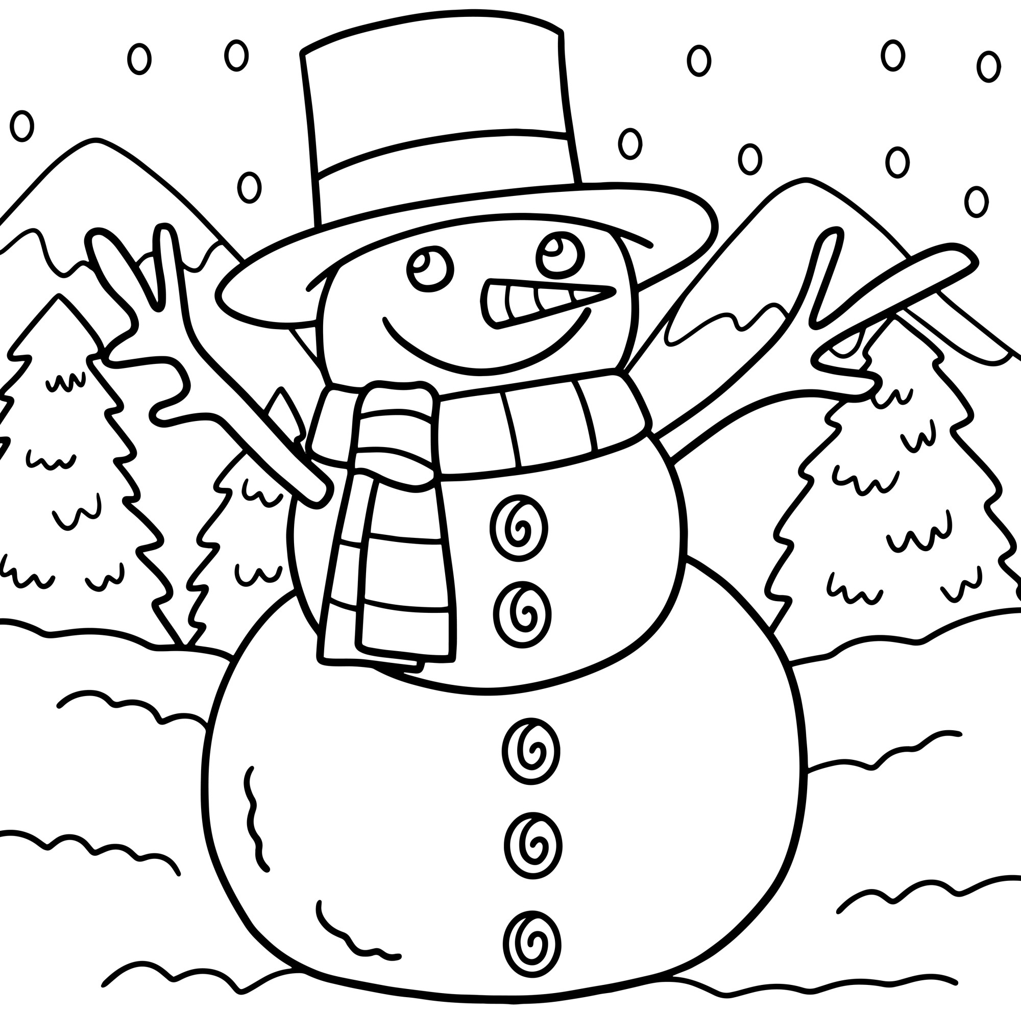 Раскраска для детей: снеговик в шляпе и шарфе на фоне снежного леса