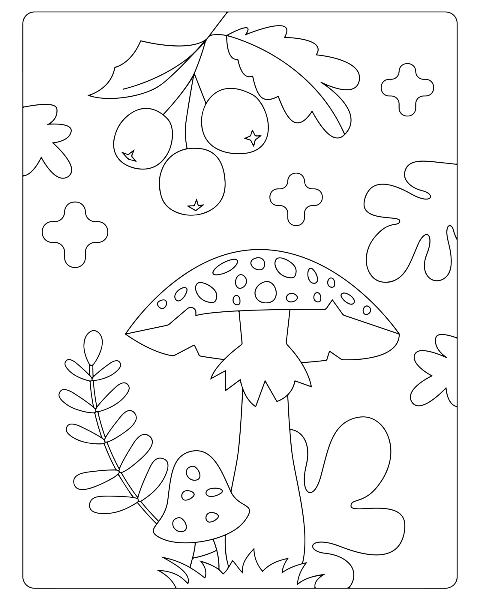Раскраска для детей: гриб осенью с ягодами и листьями