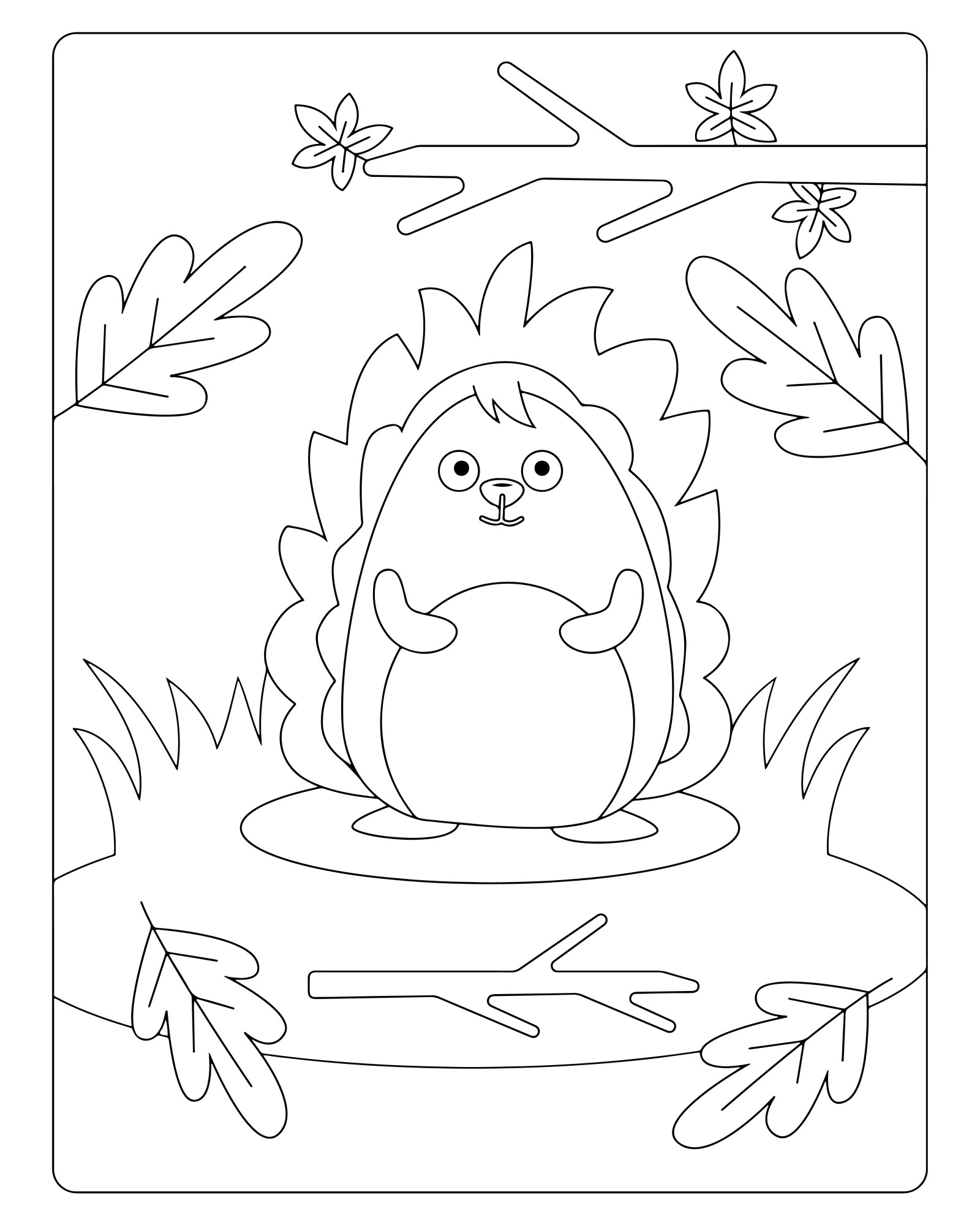 Раскраска для детей: сказочный ёжик в листве